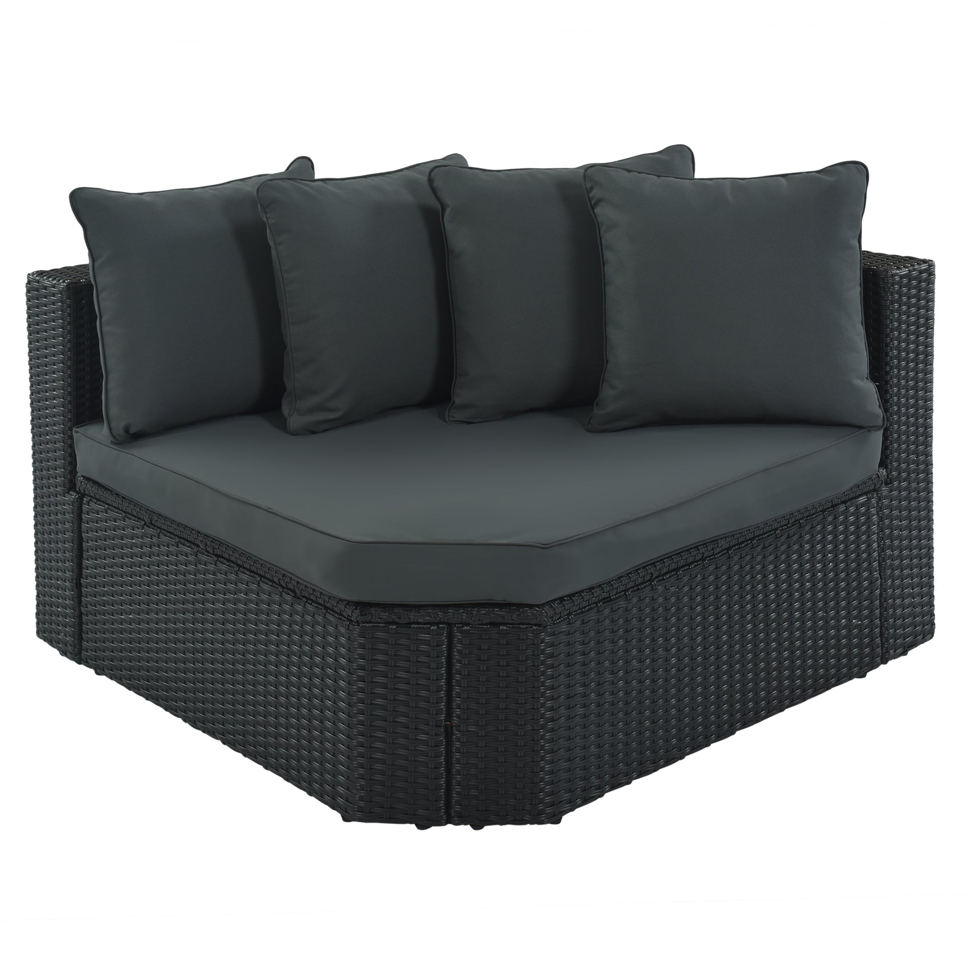 7 Piece Outdoor Wicker Sofa Set, Rattan Sofa Lounger, With Striped Green Pillows, Conversation Sofa, For Patio, Garden, Deck, Black Wicker, Gray Cushion Gray Wicker
