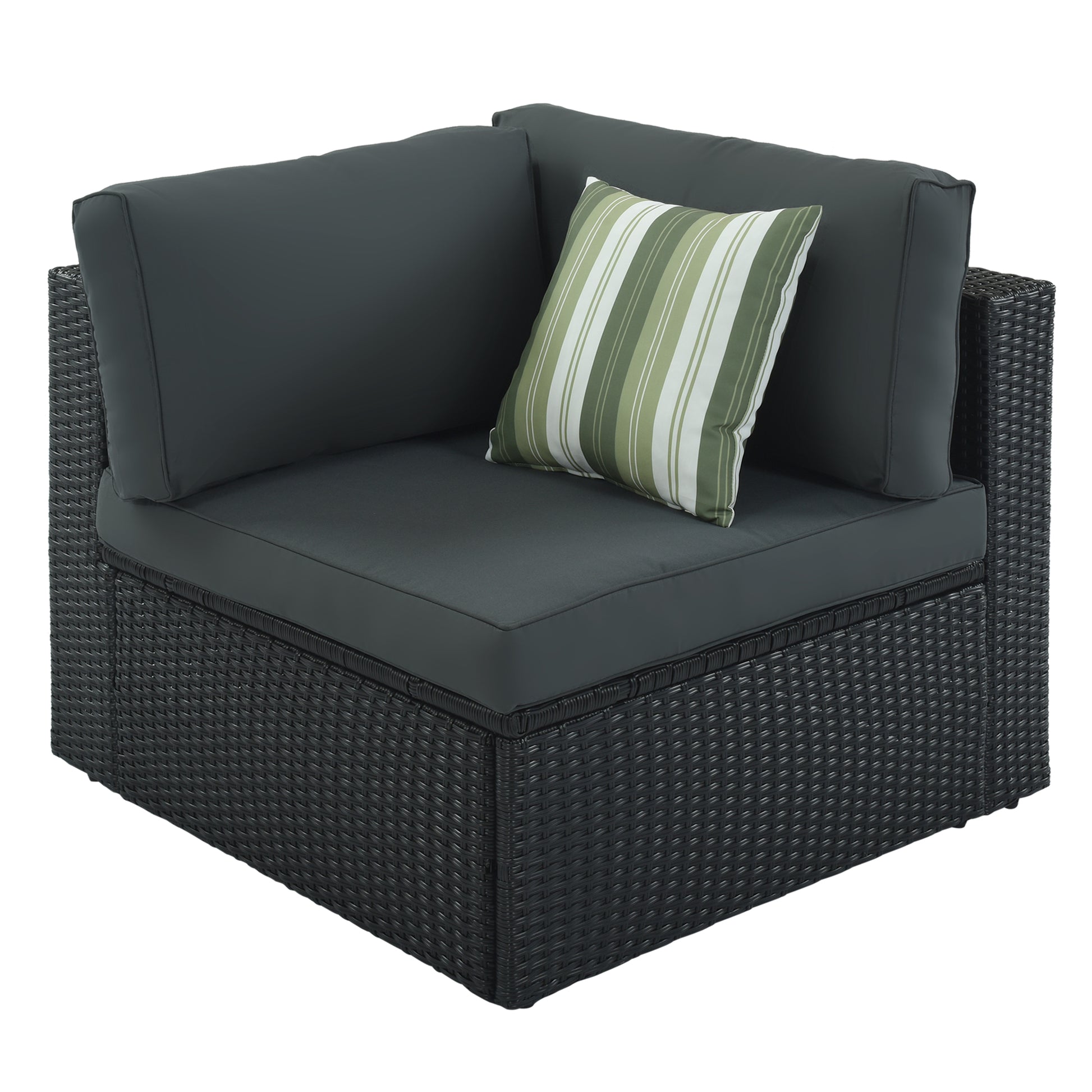 7 Piece Outdoor Wicker Sofa Set, Rattan Sofa Lounger, With Striped Green Pillows, Conversation Sofa, For Patio, Garden, Deck, Black Wicker, Gray Cushion Gray Wicker