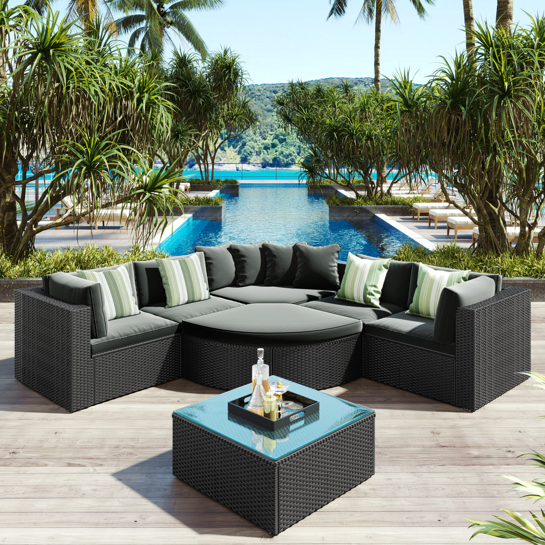 7 Piece Outdoor Wicker Sofa Set, Rattan Sofa Lounger, With Striped Green Pillows, Conversation Sofa, For Patio, Garden, Deck, Black Wicker, Gray Cushion Gray Wicker