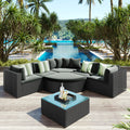 7 Piece Outdoor Wicker Sofa Set, Rattan Sofa Lounger, With Striped Green Pillows, Conversation Sofa, For Patio, Garden, Deck, Black Wicker, Gray Cushion Gray Wicker