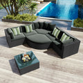 7 Piece Outdoor Wicker Sofa Set, Rattan Sofa Lounger, With Striped Green Pillows, Conversation Sofa, For Patio, Garden, Deck, Black Wicker, Gray Cushion Gray Wicker