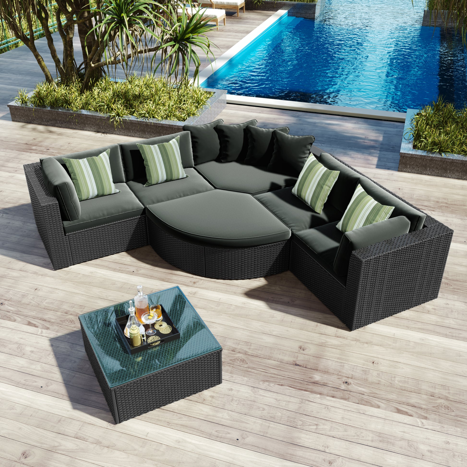 7 Piece Outdoor Wicker Sofa Set, Rattan Sofa Lounger, With Striped Green Pillows, Conversation Sofa, For Patio, Garden, Deck, Black Wicker, Gray Cushion Gray Wicker