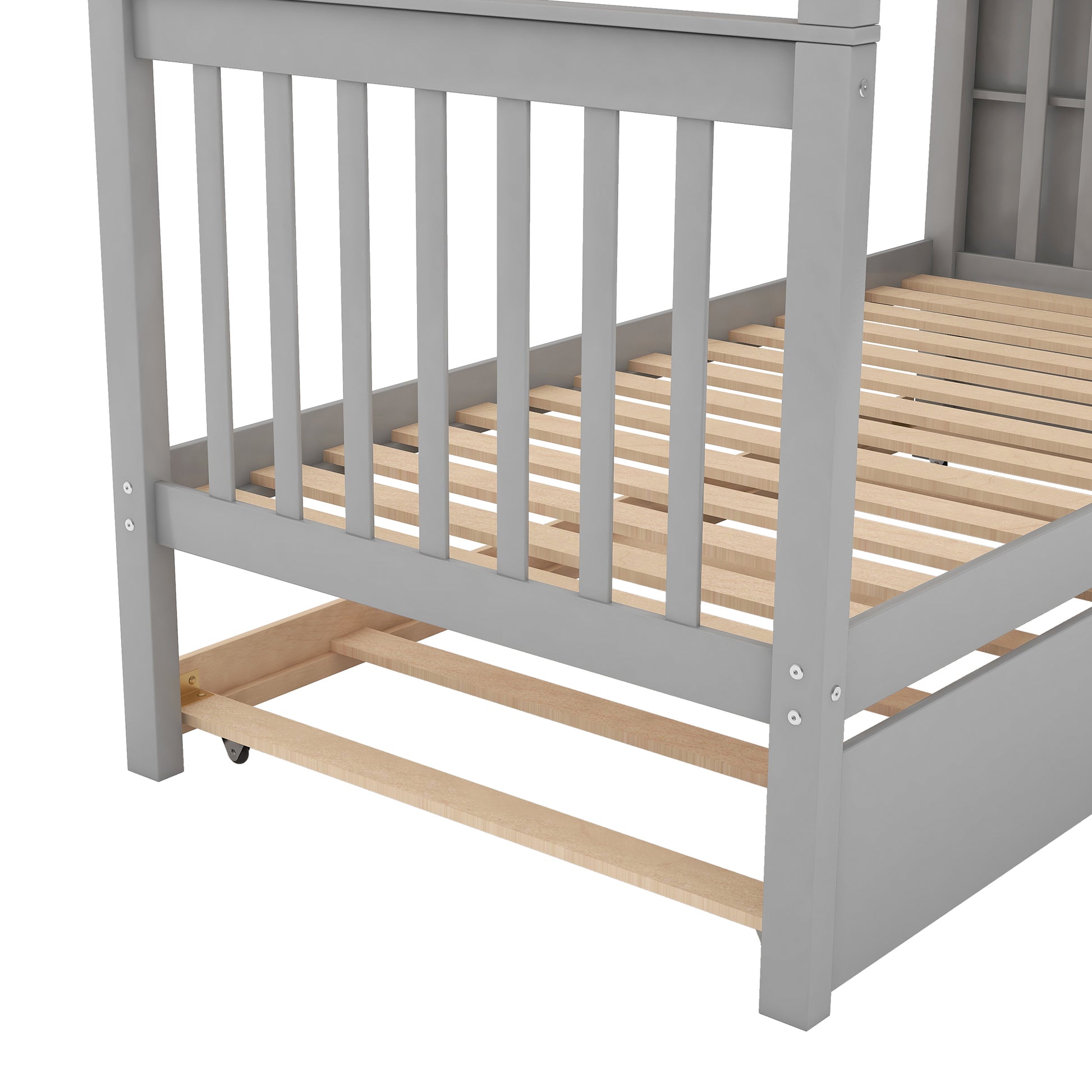 Twin Over Twin Bunk Bed With Trundle And Storage, Gray Twin Gray Pine