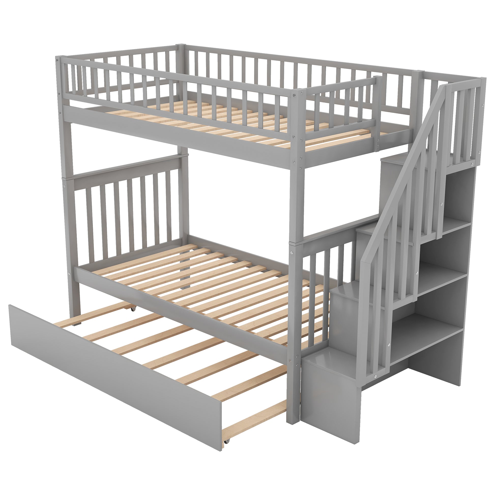 Twin Over Twin Bunk Bed With Trundle And Storage, Gray Twin Gray Pine