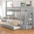 Twin Over Twin Bunk Bed With Trundle And Storage, Gray Twin Gray Pine