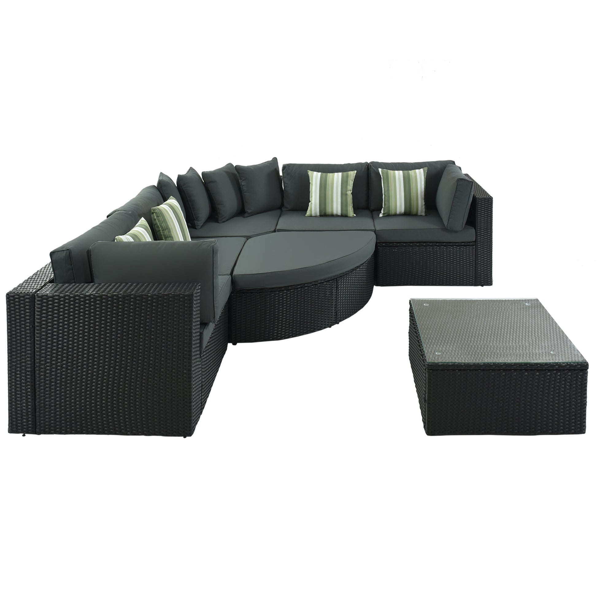 7 Piece Outdoor Wicker Sofa Set, Rattan Sofa Lounger, With Striped Green Pillows, Conversation Sofa, For Patio, Garden, Deck, Black Wicker, Gray Cushion Gray Wicker