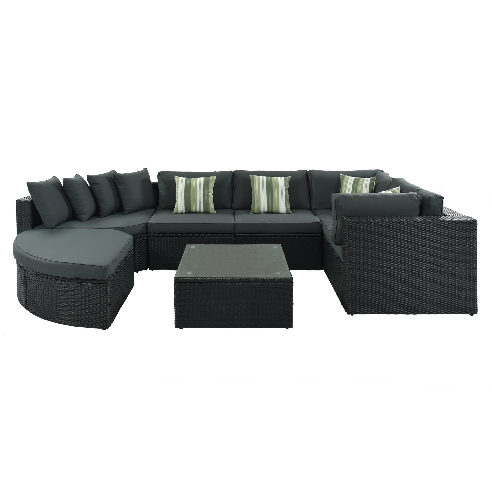 7 Piece Outdoor Wicker Sofa Set, Rattan Sofa Lounger, With Striped Green Pillows, Conversation Sofa, For Patio, Garden, Deck, Black Wicker, Gray Cushion Gray Wicker