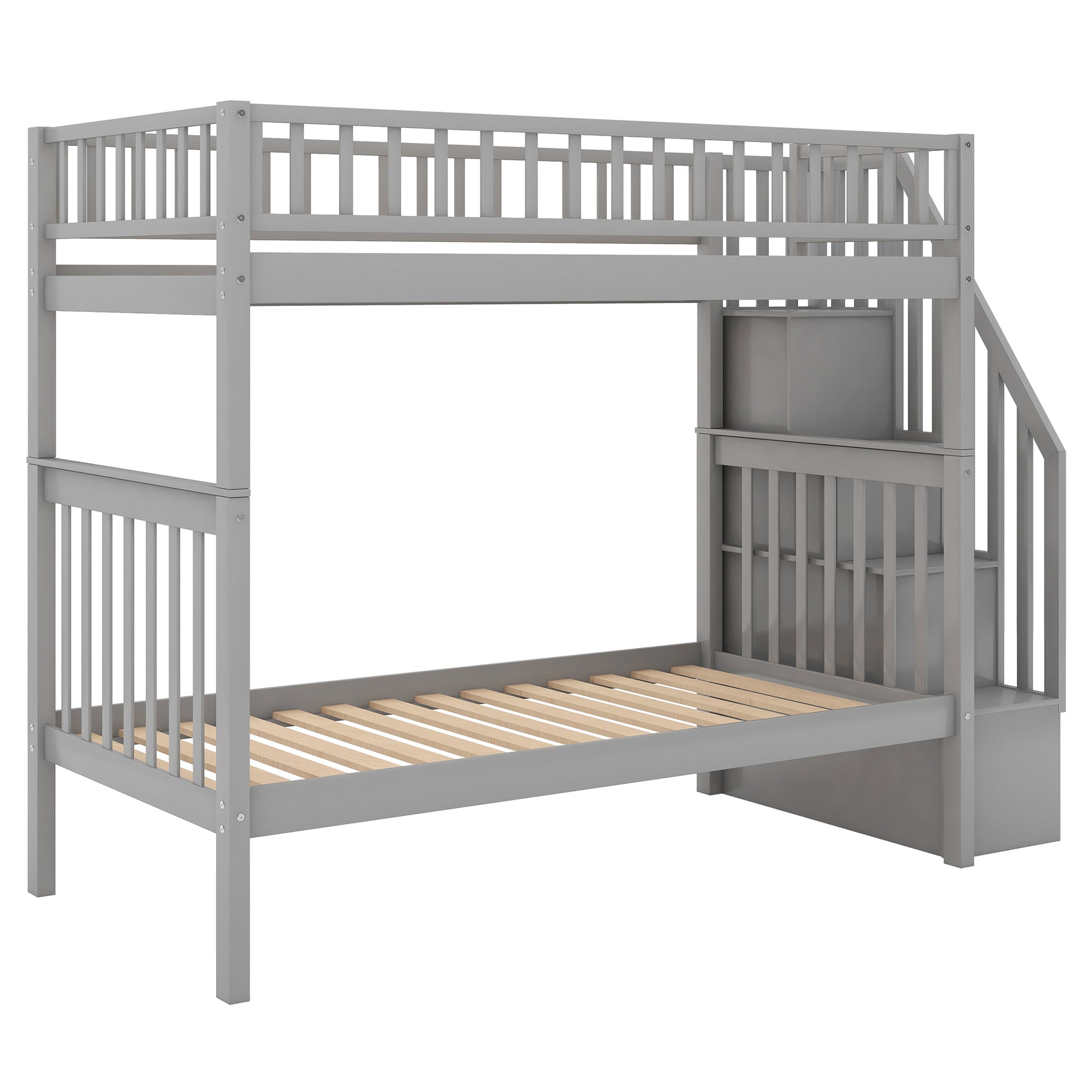 Twin Over Twin Bunk Bed With Trundle And Storage, Gray Twin Gray Pine