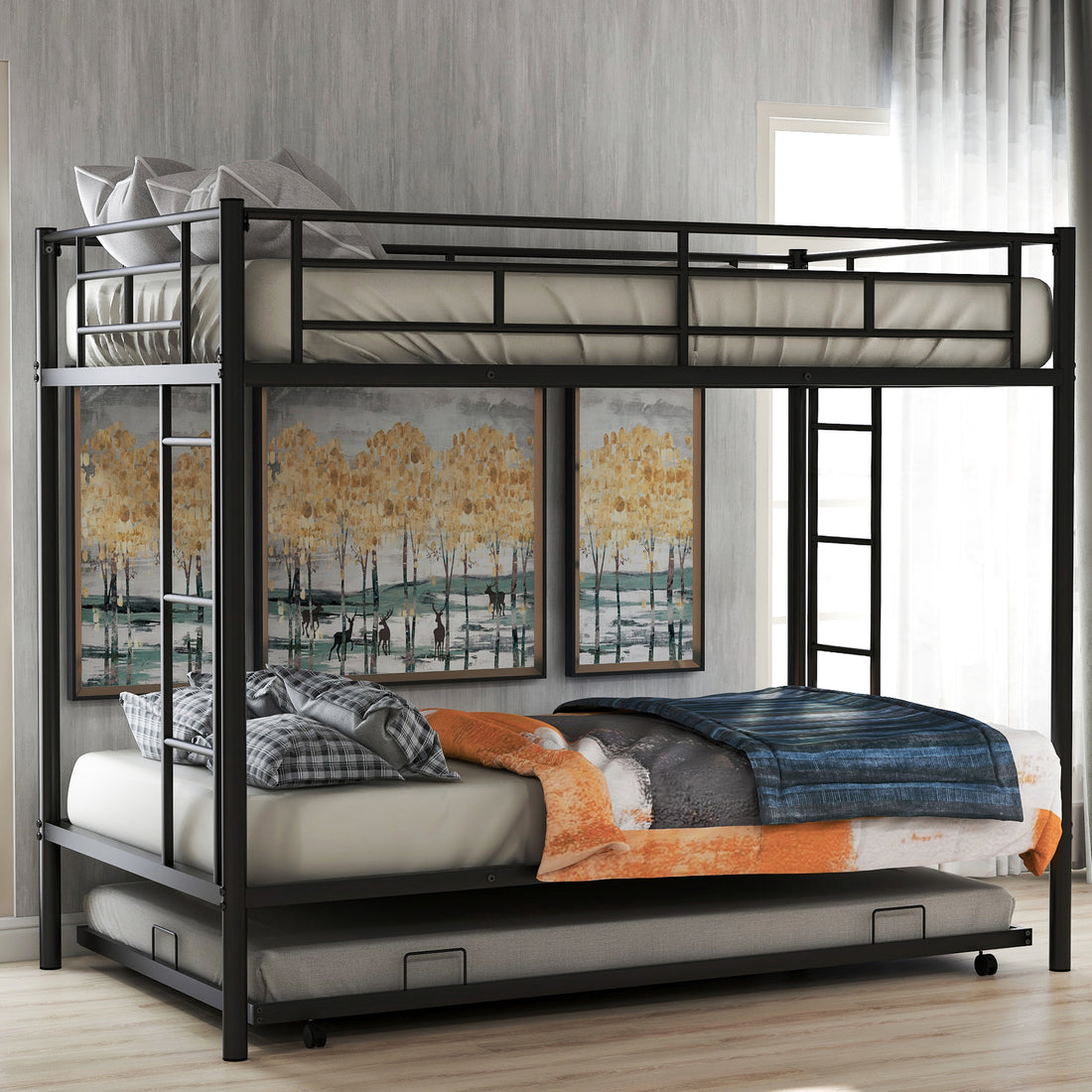 Twin Over Twin Bunk Bed With Trundle, Black Old Sku:Mf192387Aab Black Metal