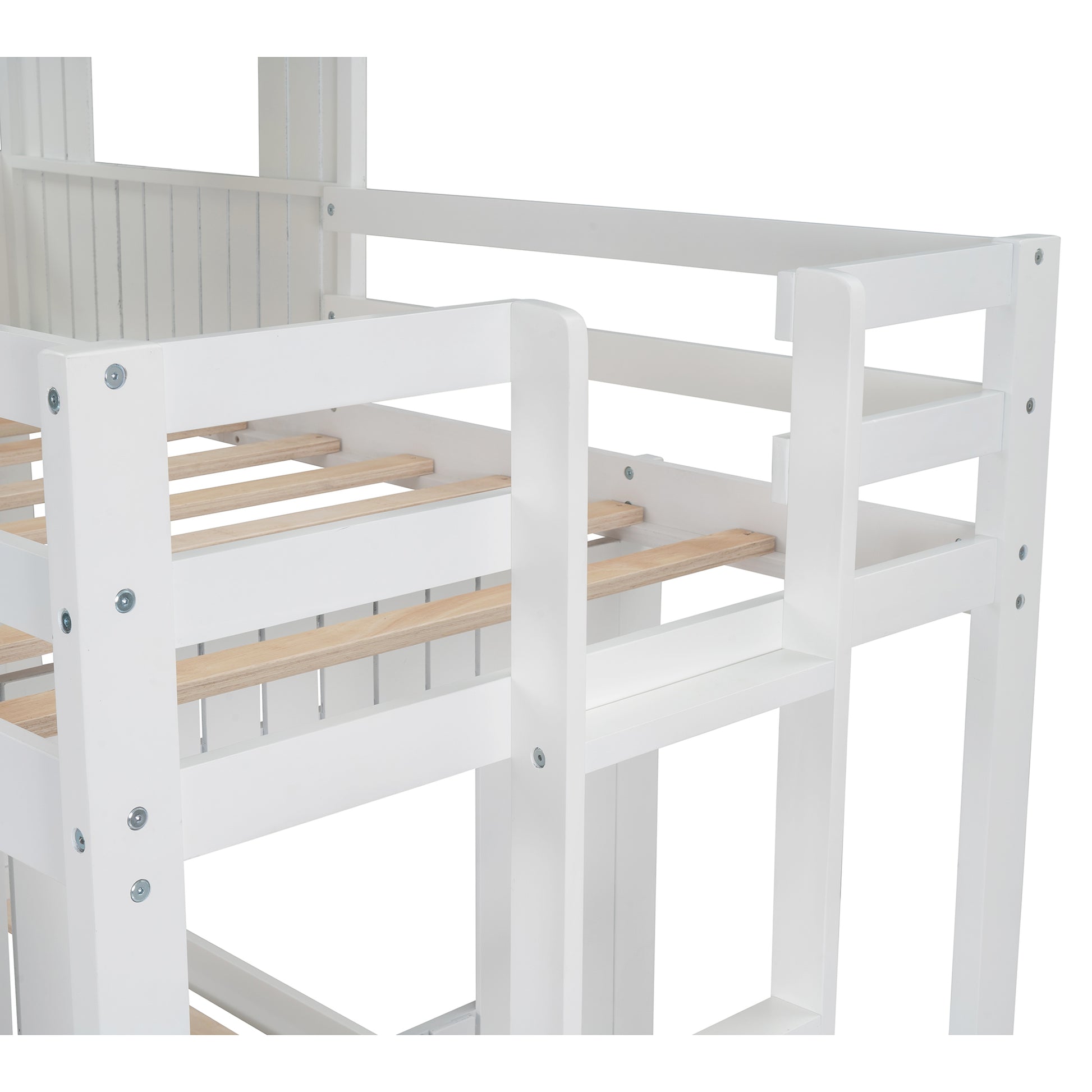 Wooden Twin Over Full Bunk Bed, Loft Bed With Playhouse, Farmhouse, Ladder And Guardrails, White Old Sku: Lt000027Aak White Solid Wood