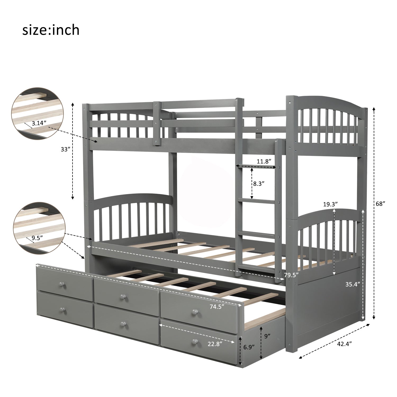 Twin Bunk Bed With Ladder, Safety Rail, Twin Trundle Bed With 3 Drawers For Bedroom, Guest Room Furniture Gray Old Sku :Lp000071Aae Gray Solid Wood