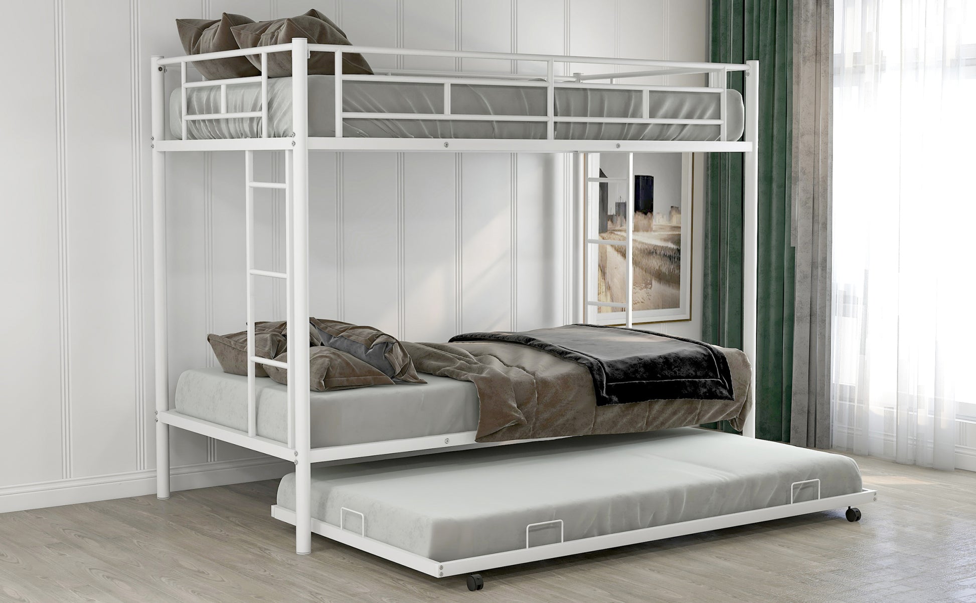 Twin Over Twin Bunk Bed With Trundle, White Old Sku:Mf192387Aak White Metal