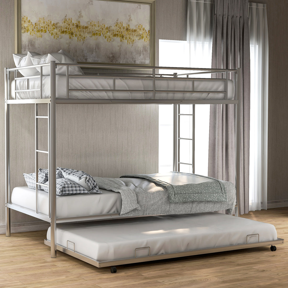 Twin Over Twin Bunk Bed With Trundle, Silver Old Sku:Mf192387Aan Silver Metal