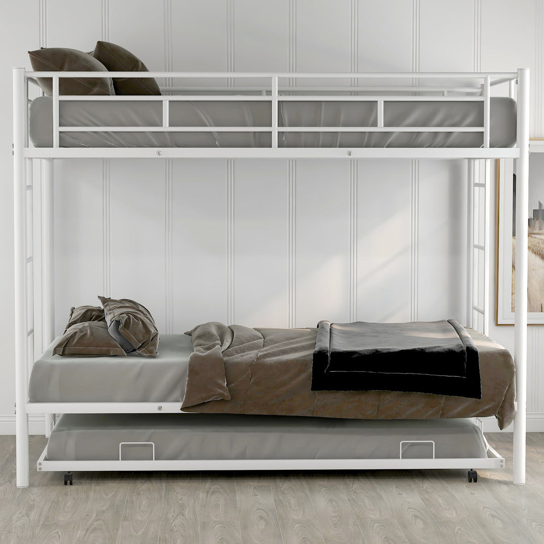 Twin Over Twin Bunk Bed With Trundle, White Old Sku:Mf192387Aak White Metal