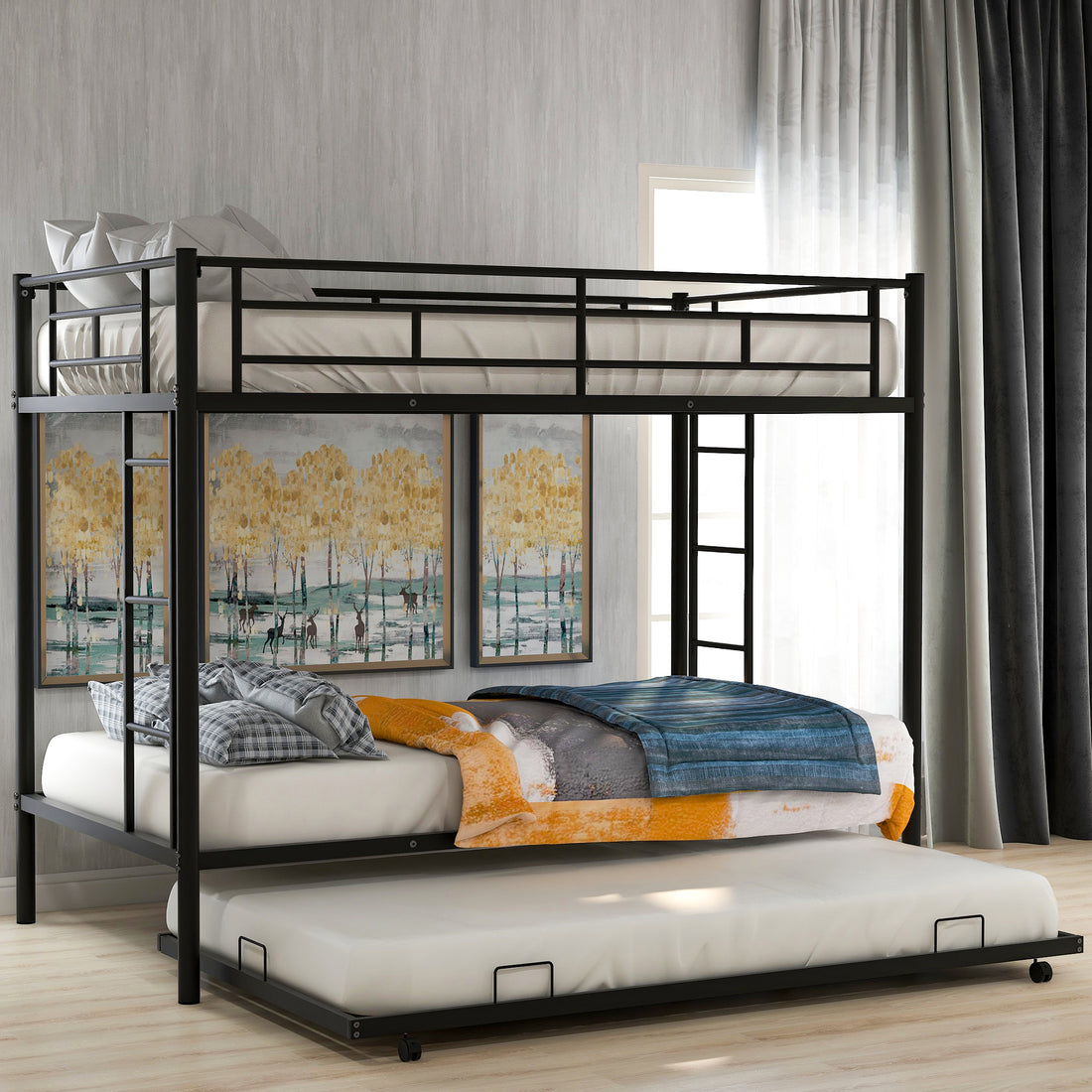 Twin Over Twin Bunk Bed With Trundle, Black Old Sku:Mf192387Aab Black Metal