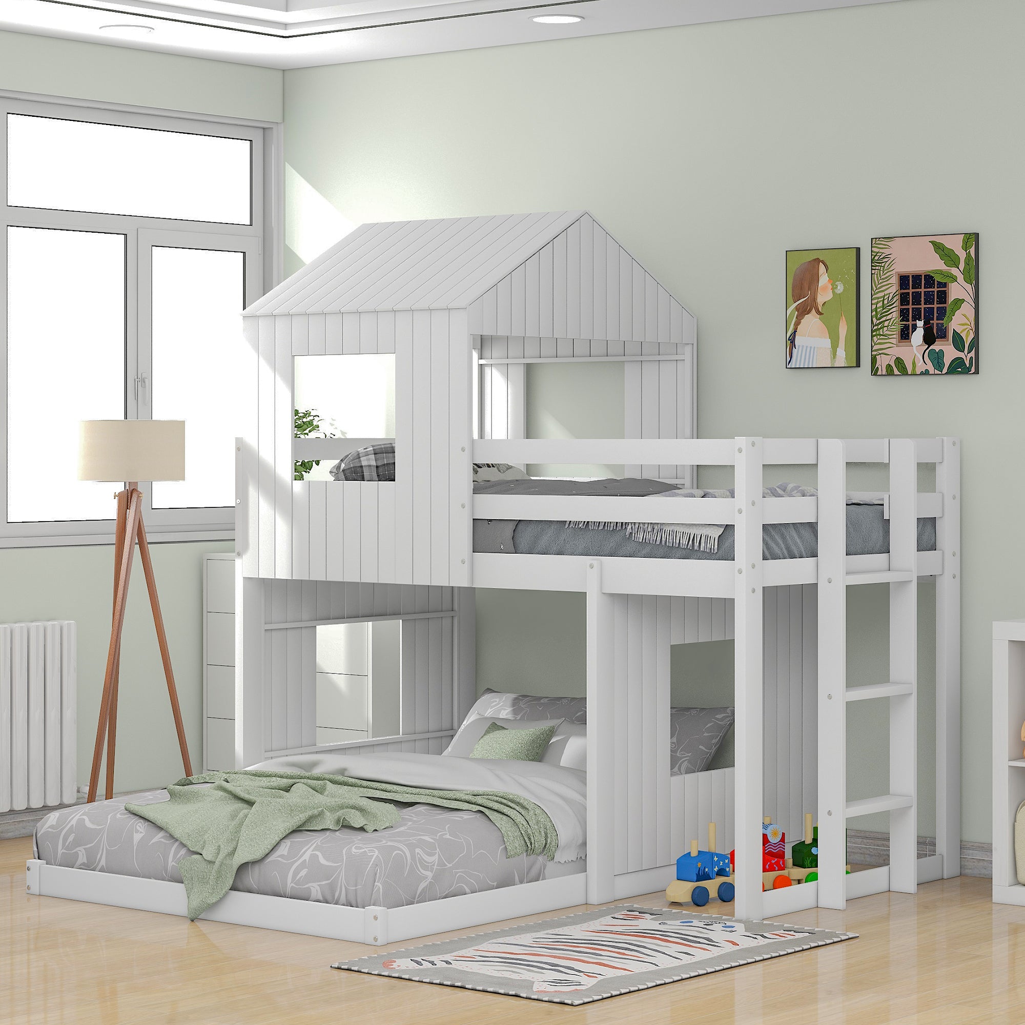 Wooden Twin Over Full Bunk Bed, Loft Bed With Playhouse, Farmhouse, Ladder And Guardrails, White Old Sku: Lt000027Aak White Solid Wood