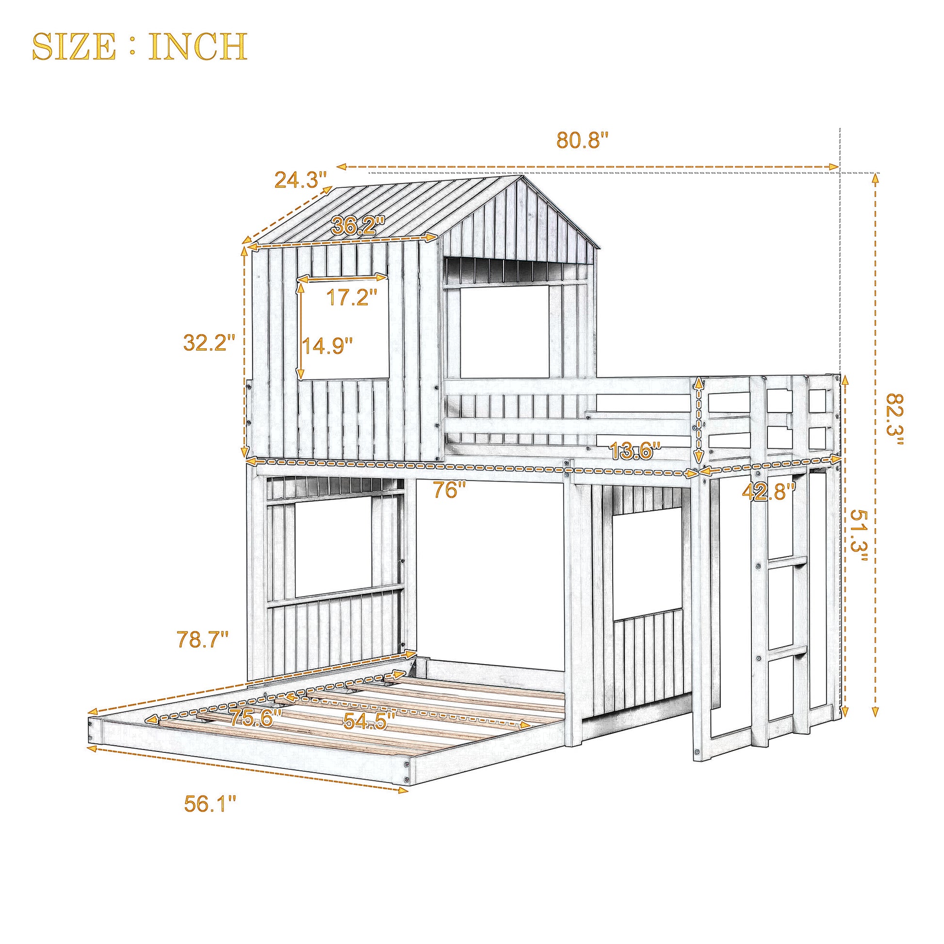 Wooden Twin Over Full Bunk Bed, Loft Bed With Playhouse, Farmhouse, Ladder And Guardrails, White Old Sku: Lt000027Aak White Solid Wood