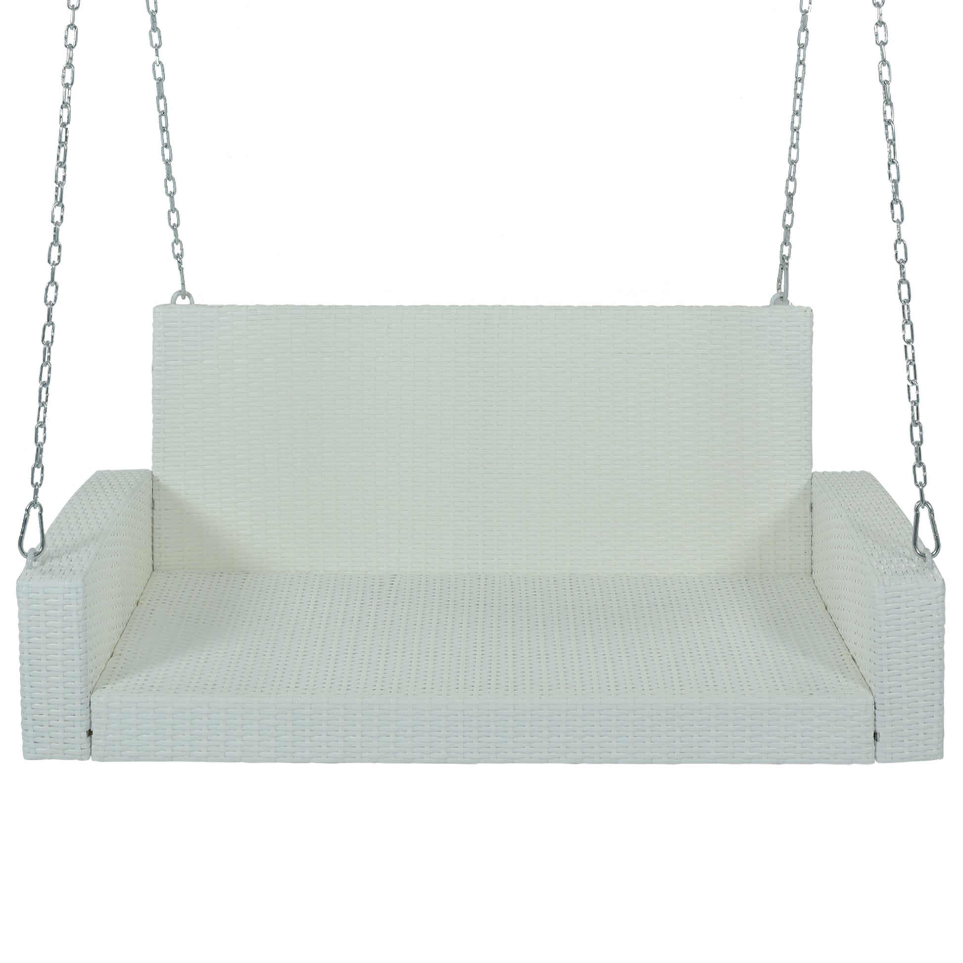 2 Person Wicker Hanging Porch Swing With Chains, Cushion, Pillow, Rattan Swing Bench For Garden, Backyard, Pond. White Wicker, Gray Cushion White Wicker