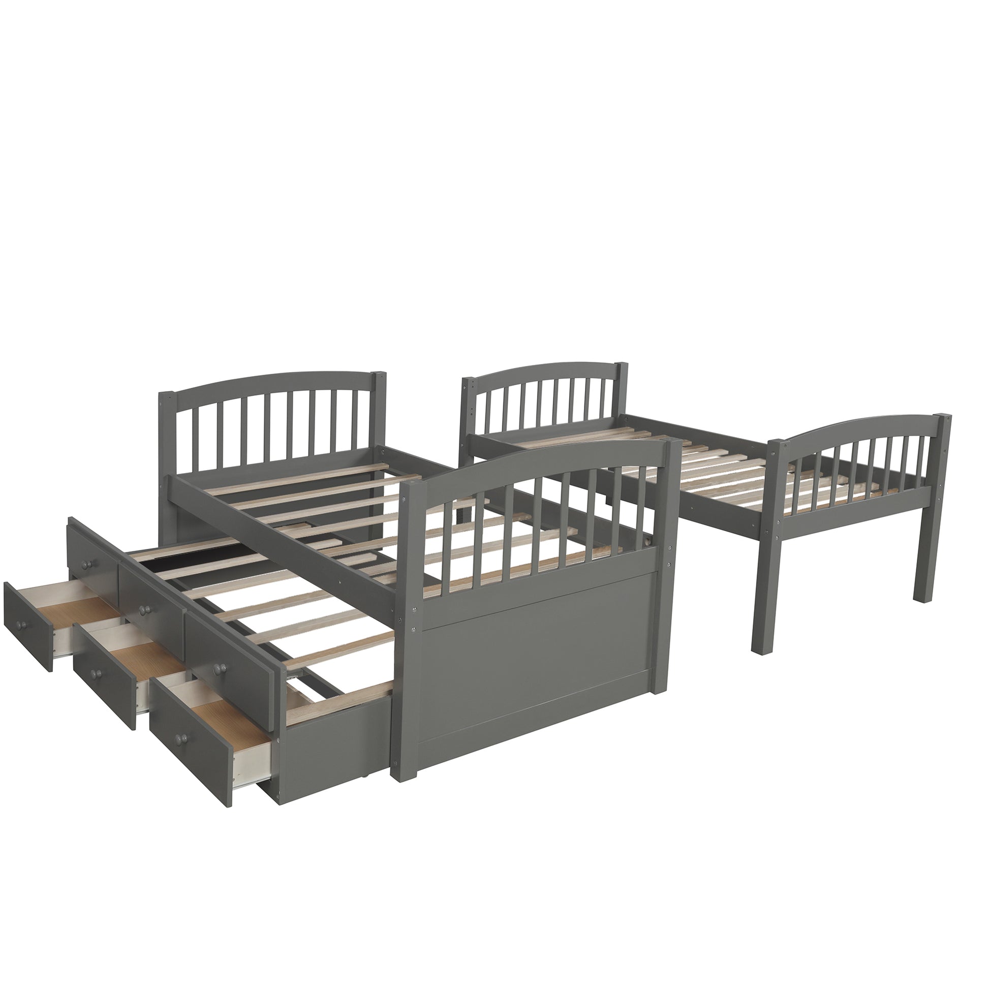 Twin Bunk Bed With Ladder, Safety Rail, Twin Trundle Bed With 3 Drawers For Bedroom, Guest Room Furniture Gray Old Sku :Lp000071Aae Gray Solid Wood