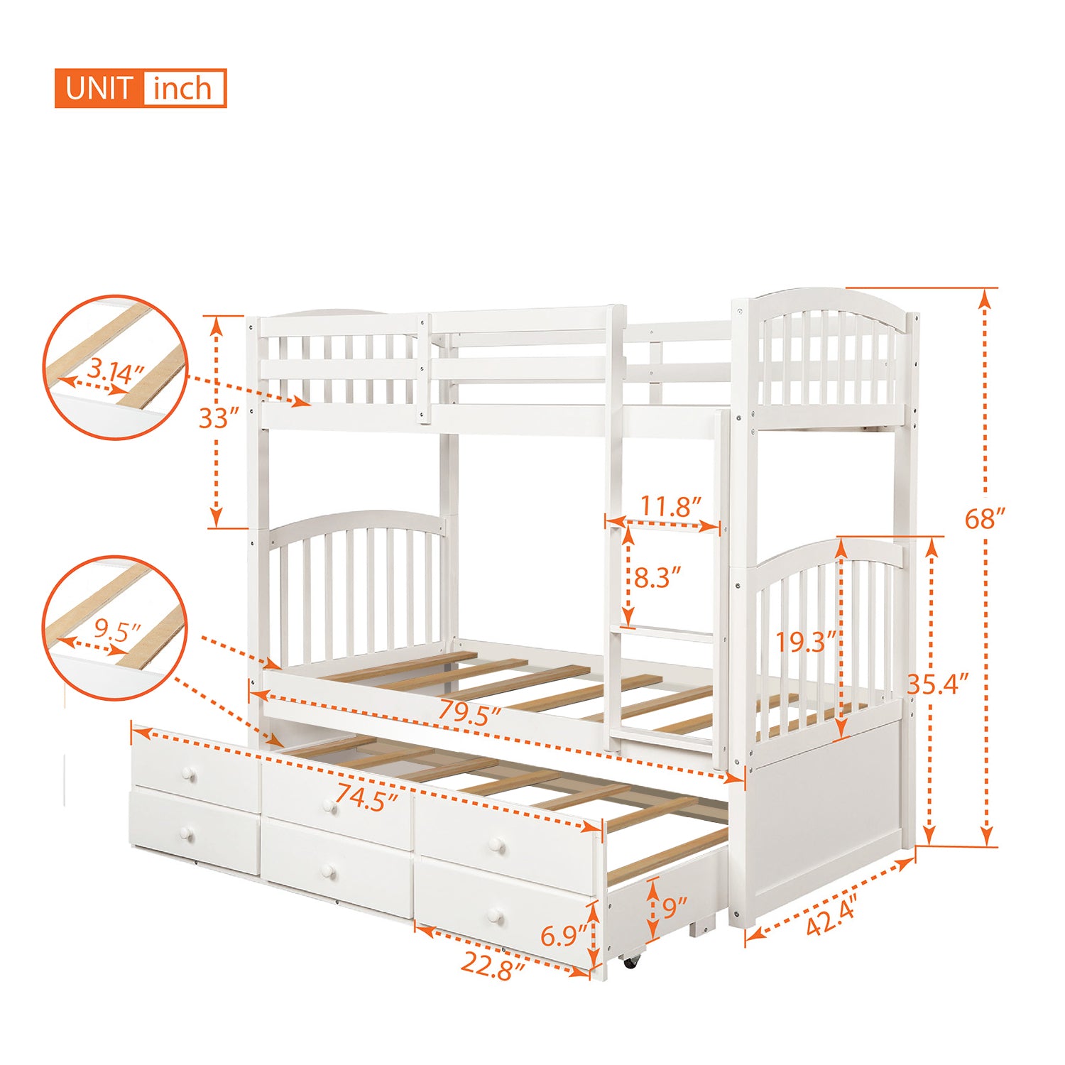 Twin Bunk Bed With Ladder, Safety Rail, Twin Trundle Bed With 3 Drawers For Teens Bedroom, Guest Room Furniture White Old Sku :Lp000071Aak White Solid Wood