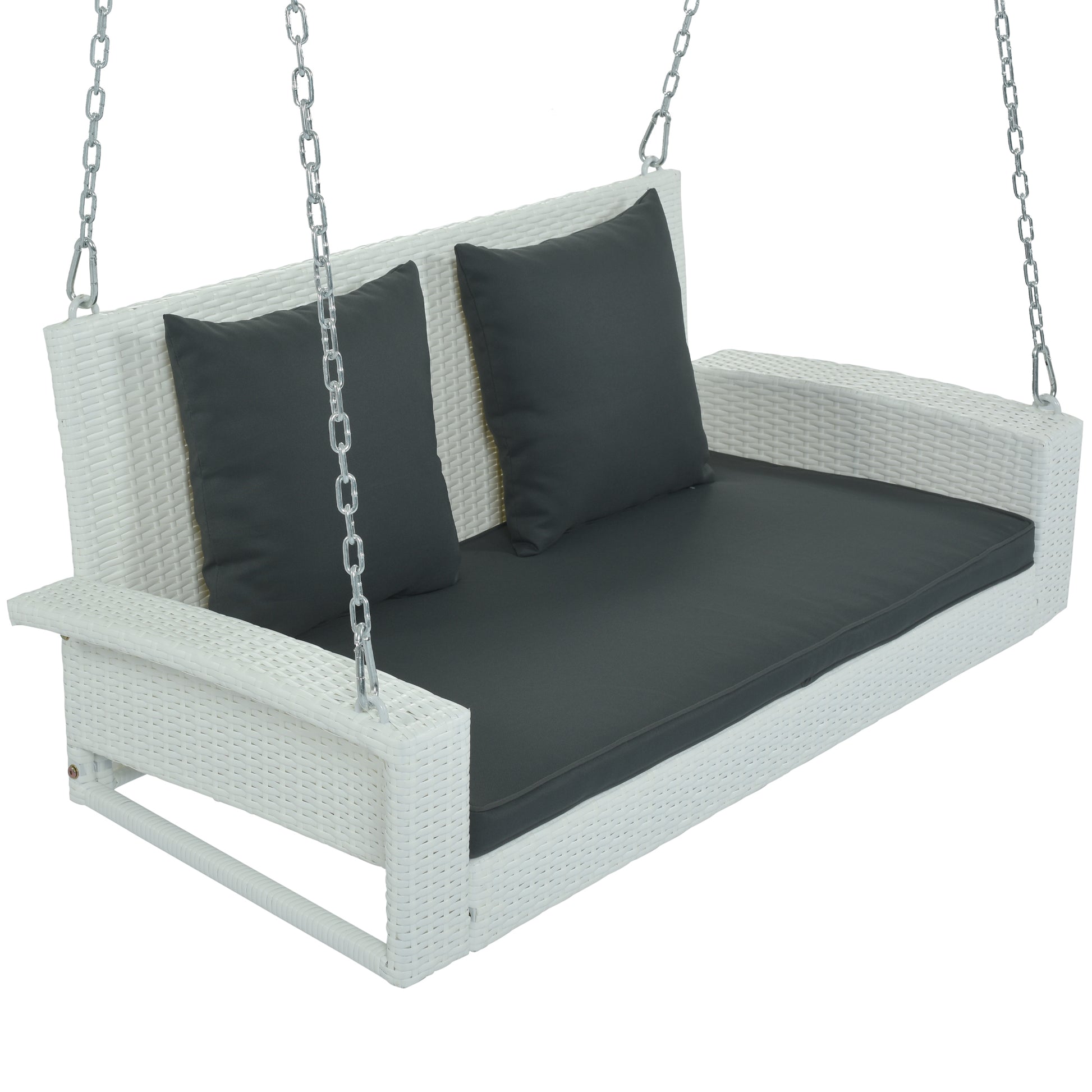 2 Person Wicker Hanging Porch Swing With Chains, Cushion, Pillow, Rattan Swing Bench For Garden, Backyard, Pond. White Wicker, Gray Cushion White Wicker