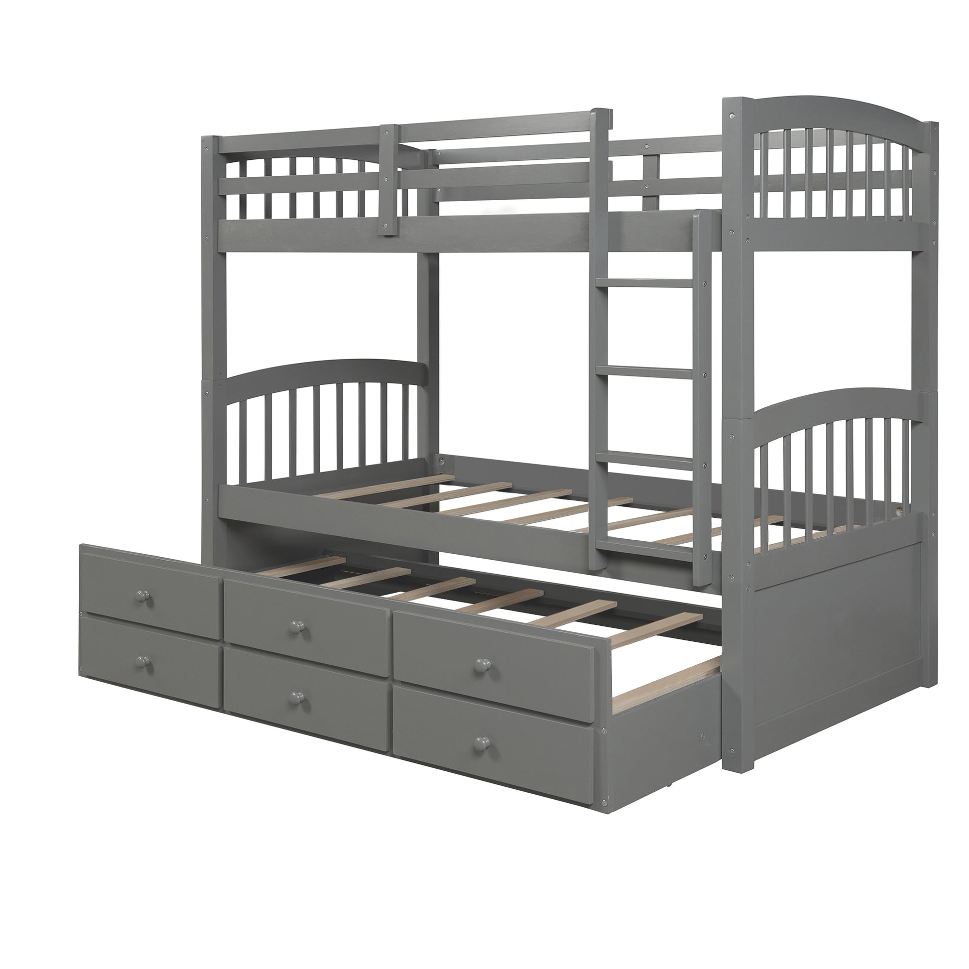 Twin Bunk Bed With Ladder, Safety Rail, Twin Trundle Bed With 3 Drawers For Bedroom, Guest Room Furniture Gray Old Sku :Lp000071Aae Gray Solid Wood