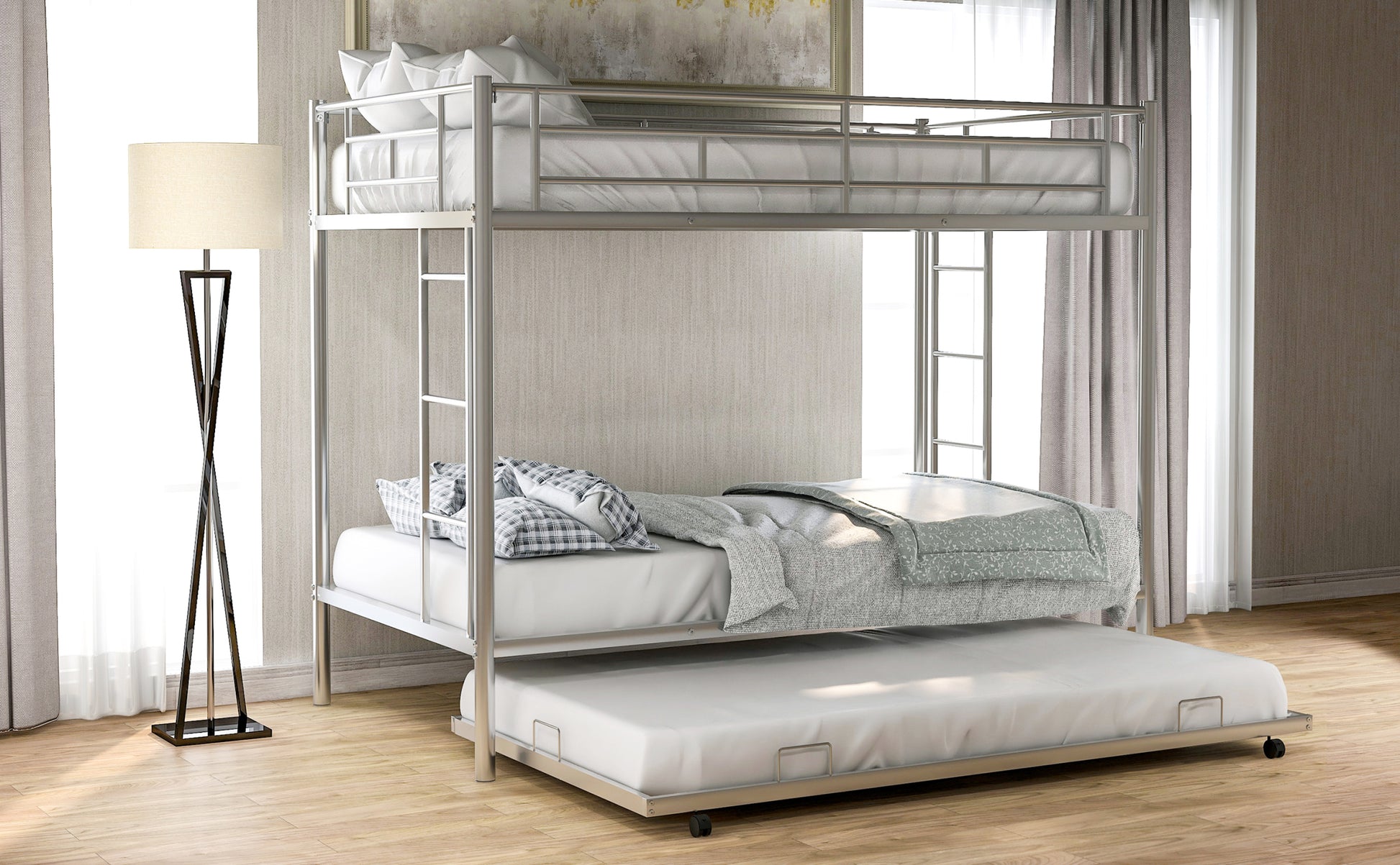 Twin Over Twin Bunk Bed With Trundle, Silver Old Sku:Mf192387Aan Silver Metal