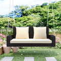 2 Person Wicker Hanging Porch Swing With Chains, Cushion, Pillow, Rattan Swing Bench For Garden, Backyard, Pond. Brown Wicker, Beige Cushion Brown Wicker