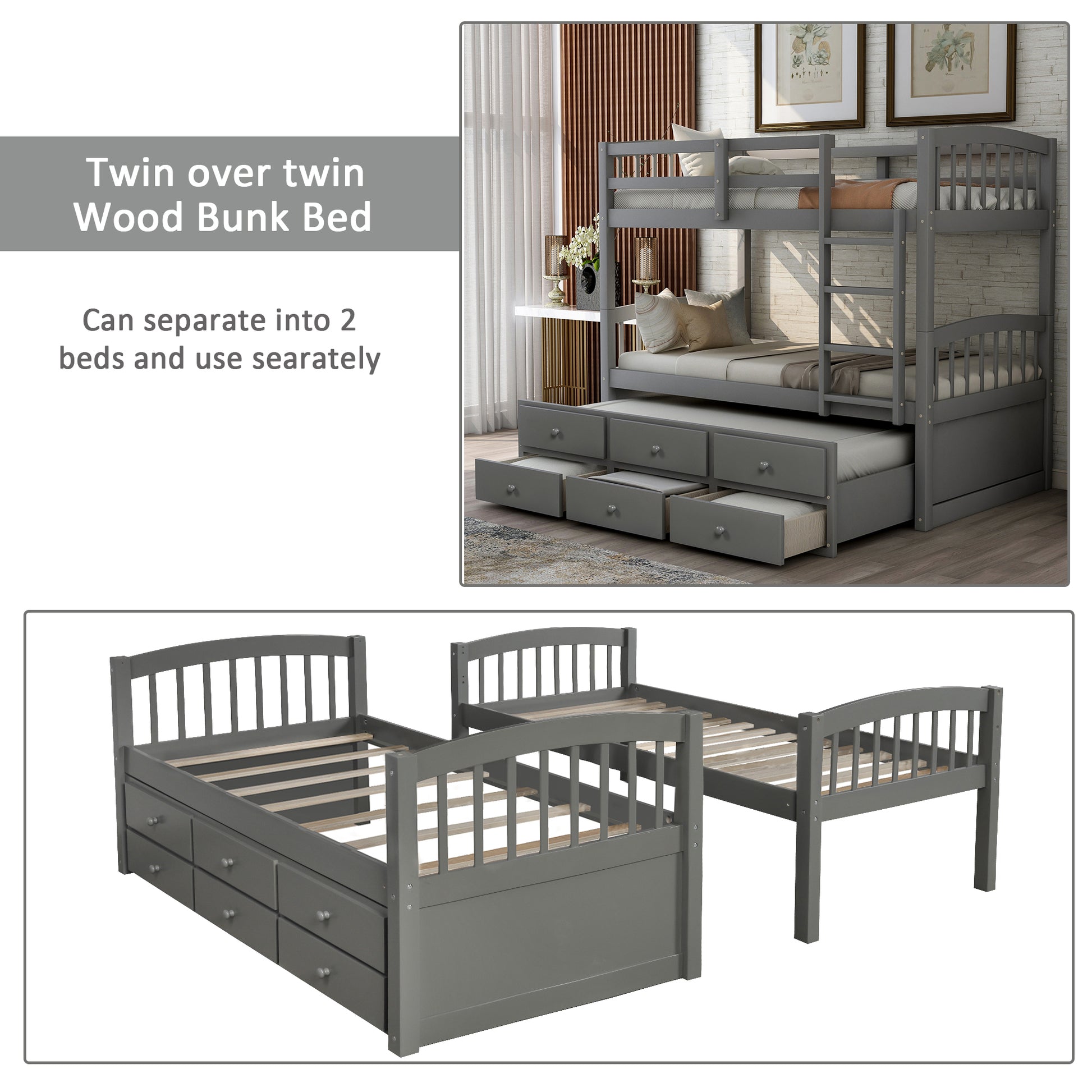 Twin Bunk Bed With Ladder, Safety Rail, Twin Trundle Bed With 3 Drawers For Bedroom, Guest Room Furniture Gray Old Sku :Lp000071Aae Gray Solid Wood