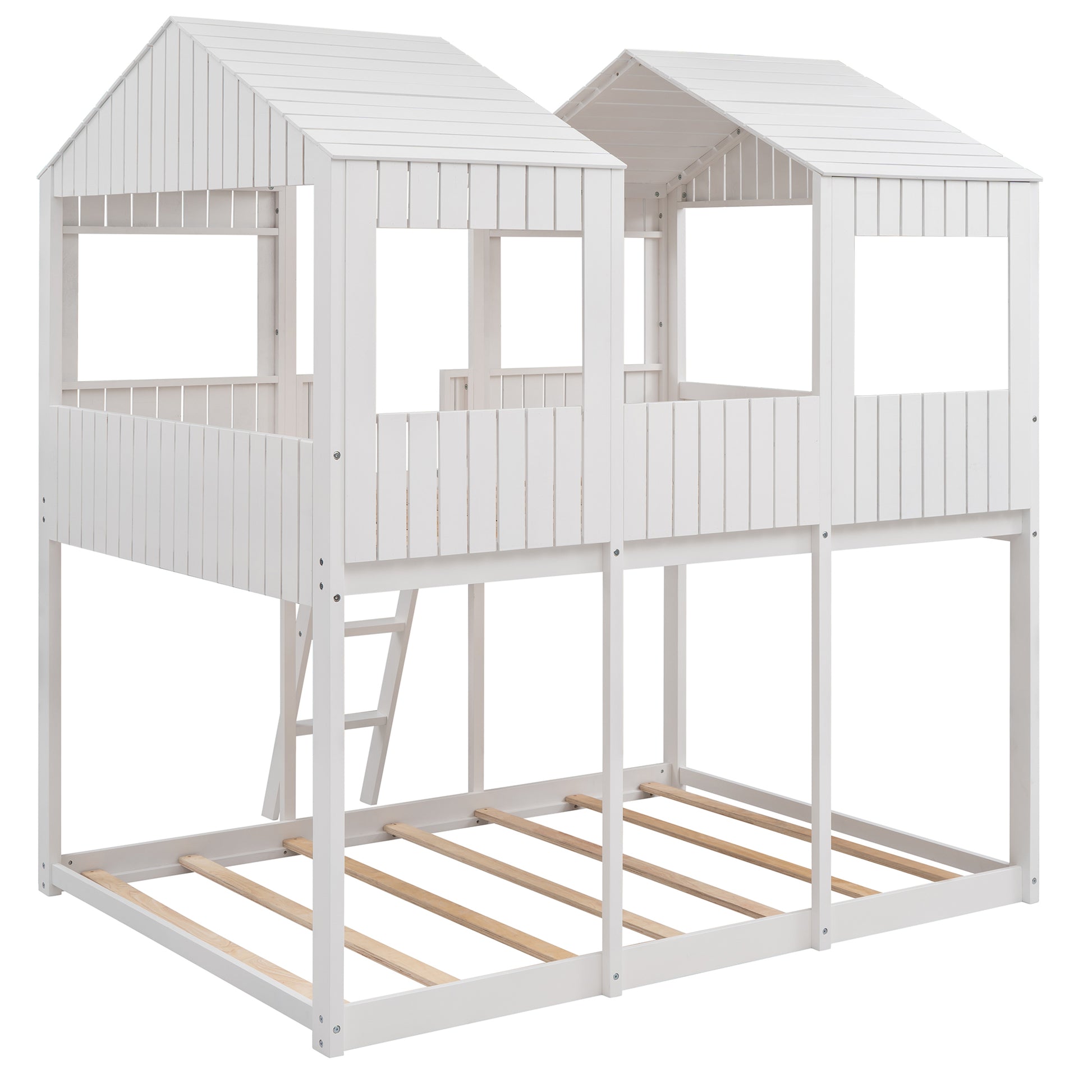 Full Over Full Woodbunk Bed With Roof, Window, Guardrail, Ladder White Old Sku: Lt000031Aak White Solid Wood