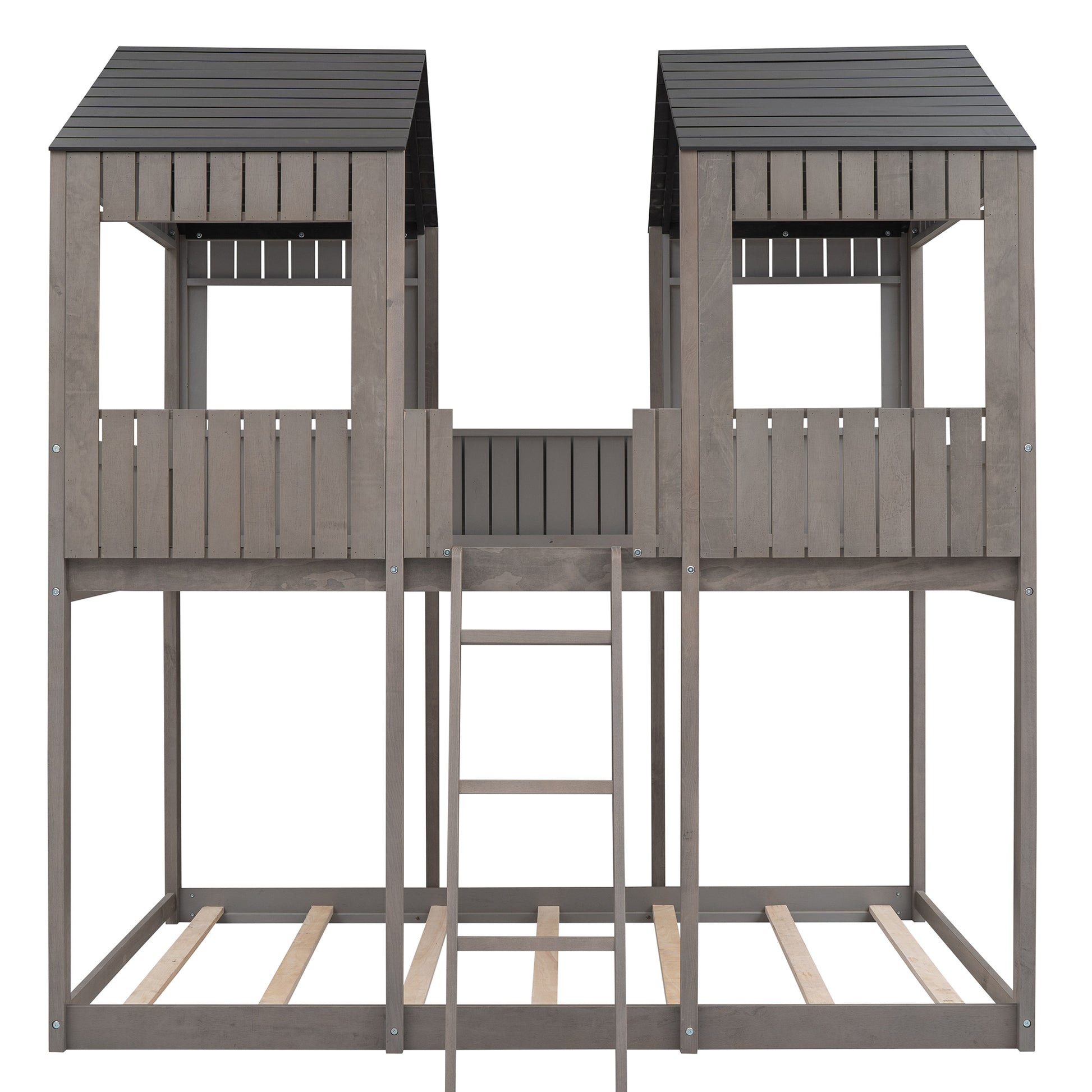 Full Over Full Woodbunk Bed With Roof, Window, Guardrail, Ladder Antique Gray Old Sku: Lt000031Aae Antique Gray Solid Wood