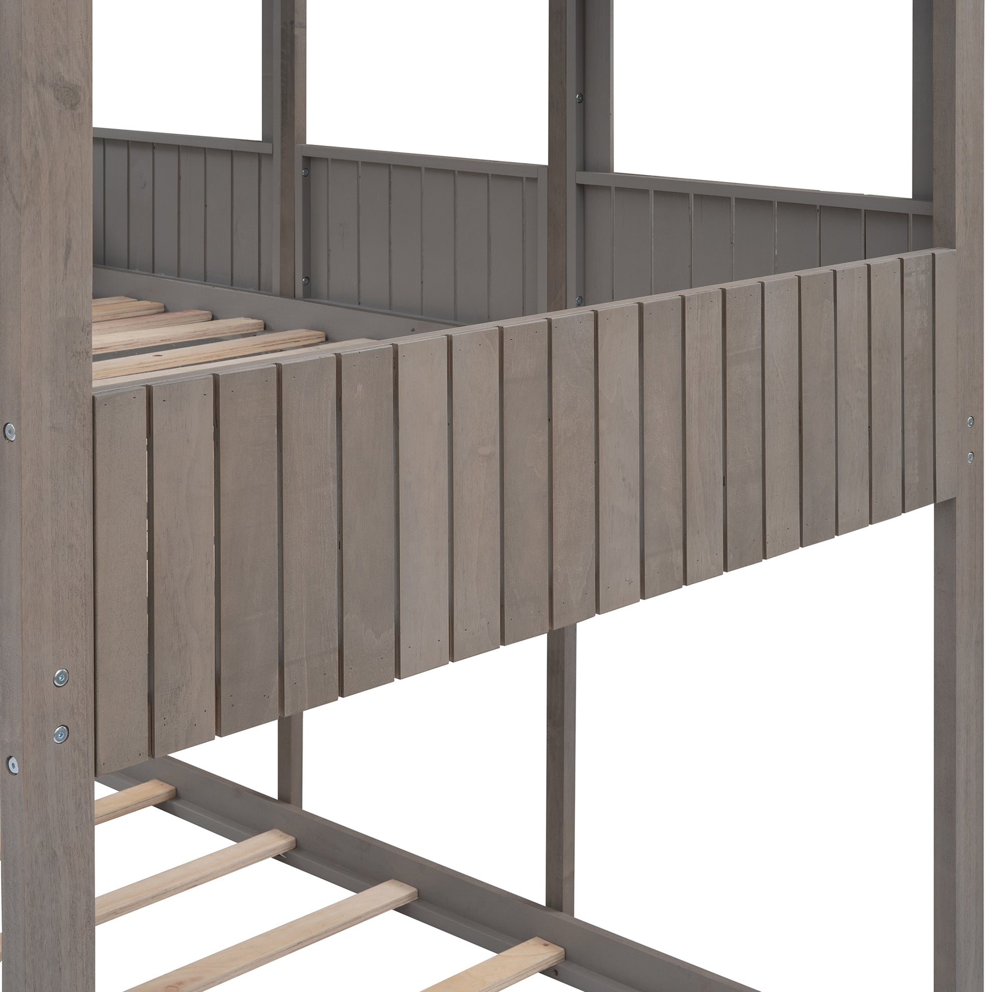 Full Over Full Woodbunk Bed With Roof, Window, Guardrail, Ladder Antique Gray Old Sku: Lt000031Aae Antique Gray Solid Wood