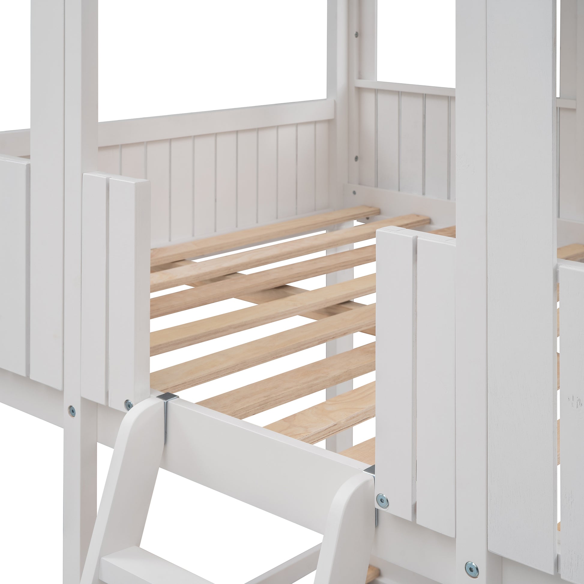 Full Over Full Woodbunk Bed With Roof, Window, Guardrail, Ladder White Old Sku: Lt000031Aak White Solid Wood