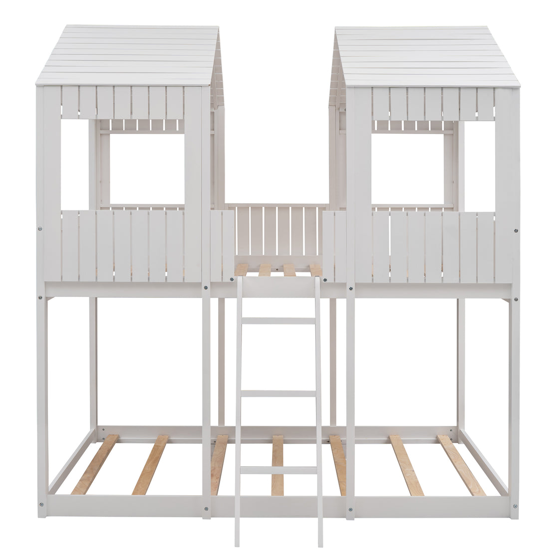 Full Over Full Woodbunk Bed With Roof, Window, Guardrail, Ladder White Old Sku: Lt000031Aak White Solid Wood