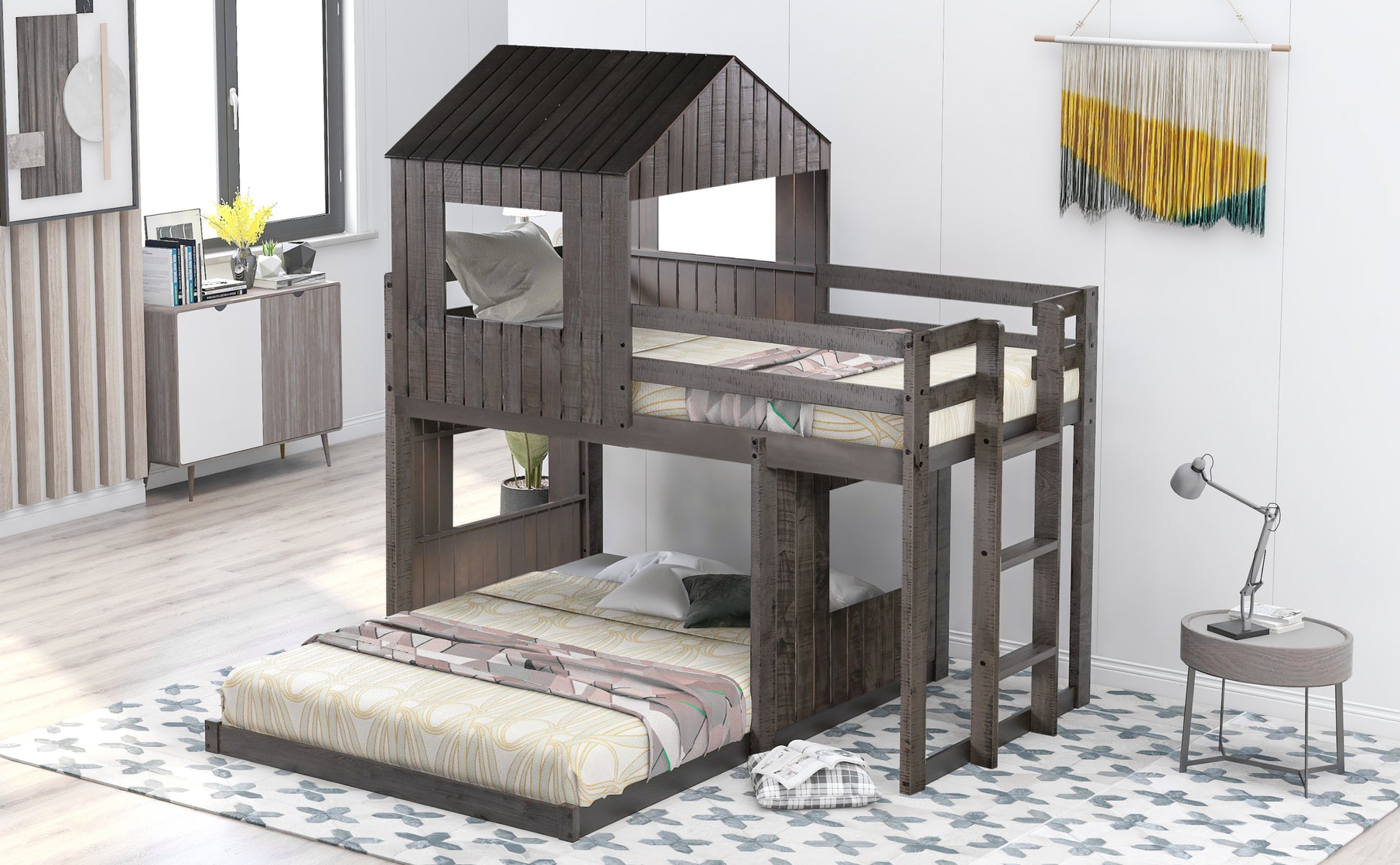 Wooden Twin Over Full Bunk Bed, Loft Bed With Playhouse, Farmhouse, Ladder And Guardrailsantique Gray Old Sku: Lt000027Aae Antique Gray Solid Wood