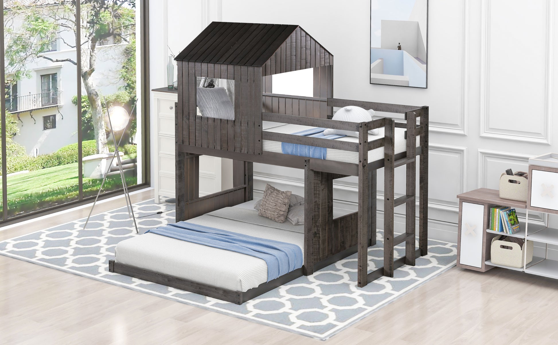 Wooden Twin Over Full Bunk Bed, Loft Bed With Playhouse, Farmhouse, Ladder And Guardrailsantique Gray Old Sku: Lt000027Aae Antique Gray Solid Wood