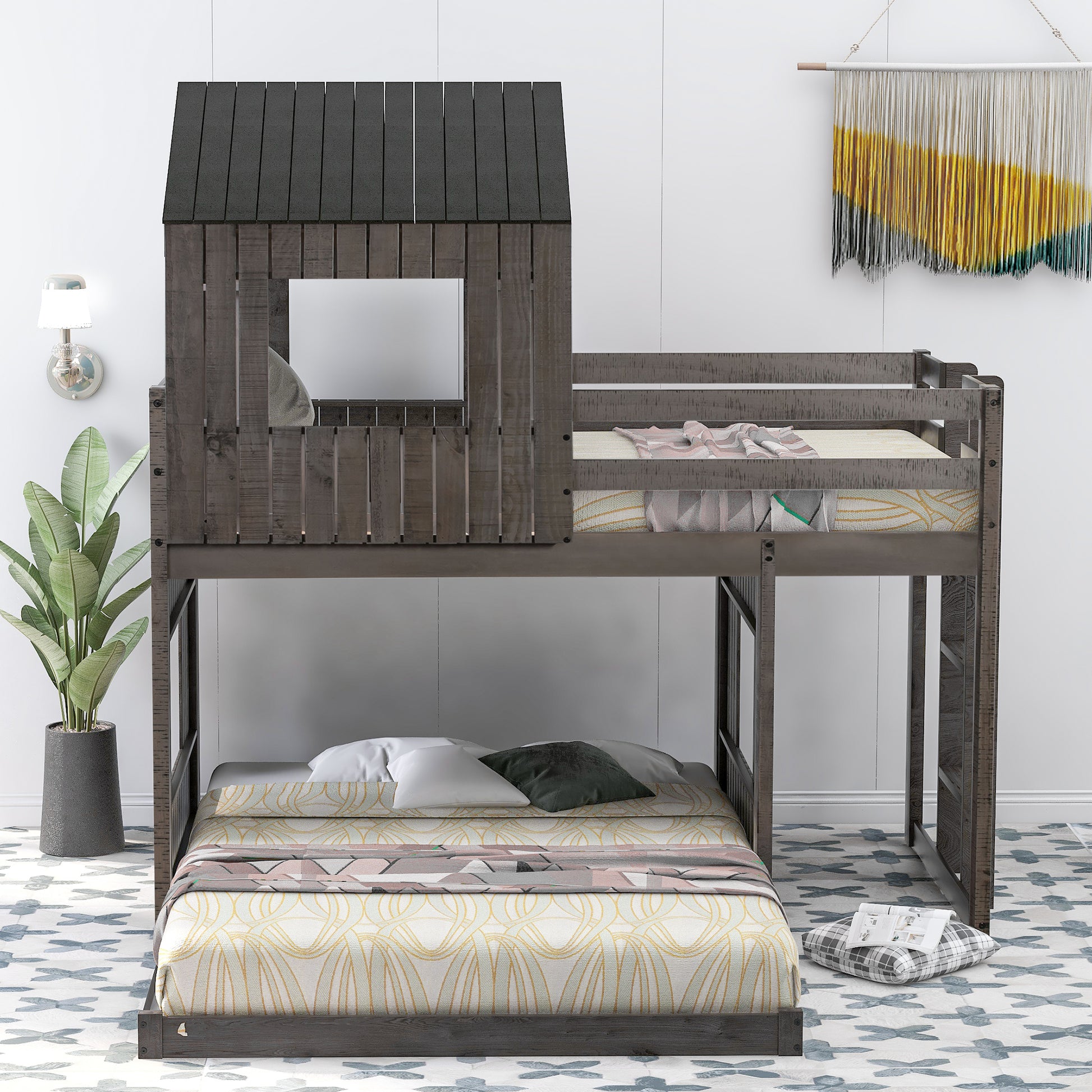 Wooden Twin Over Full Bunk Bed, Loft Bed With Playhouse, Farmhouse, Ladder And Guardrailsantique Gray Old Sku: Lt000027Aae Antique Gray Solid Wood