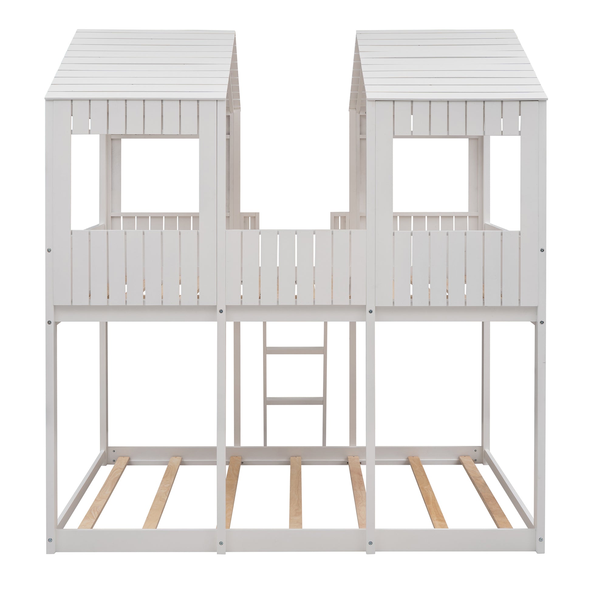 Full Over Full Woodbunk Bed With Roof, Window, Guardrail, Ladder White Old Sku: Lt000031Aak White Solid Wood