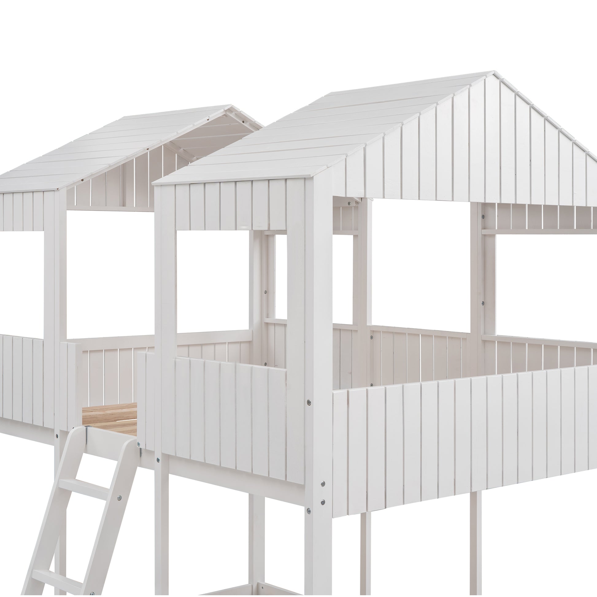 Full Over Full Woodbunk Bed With Roof, Window, Guardrail, Ladder White Old Sku: Lt000031Aak White Solid Wood