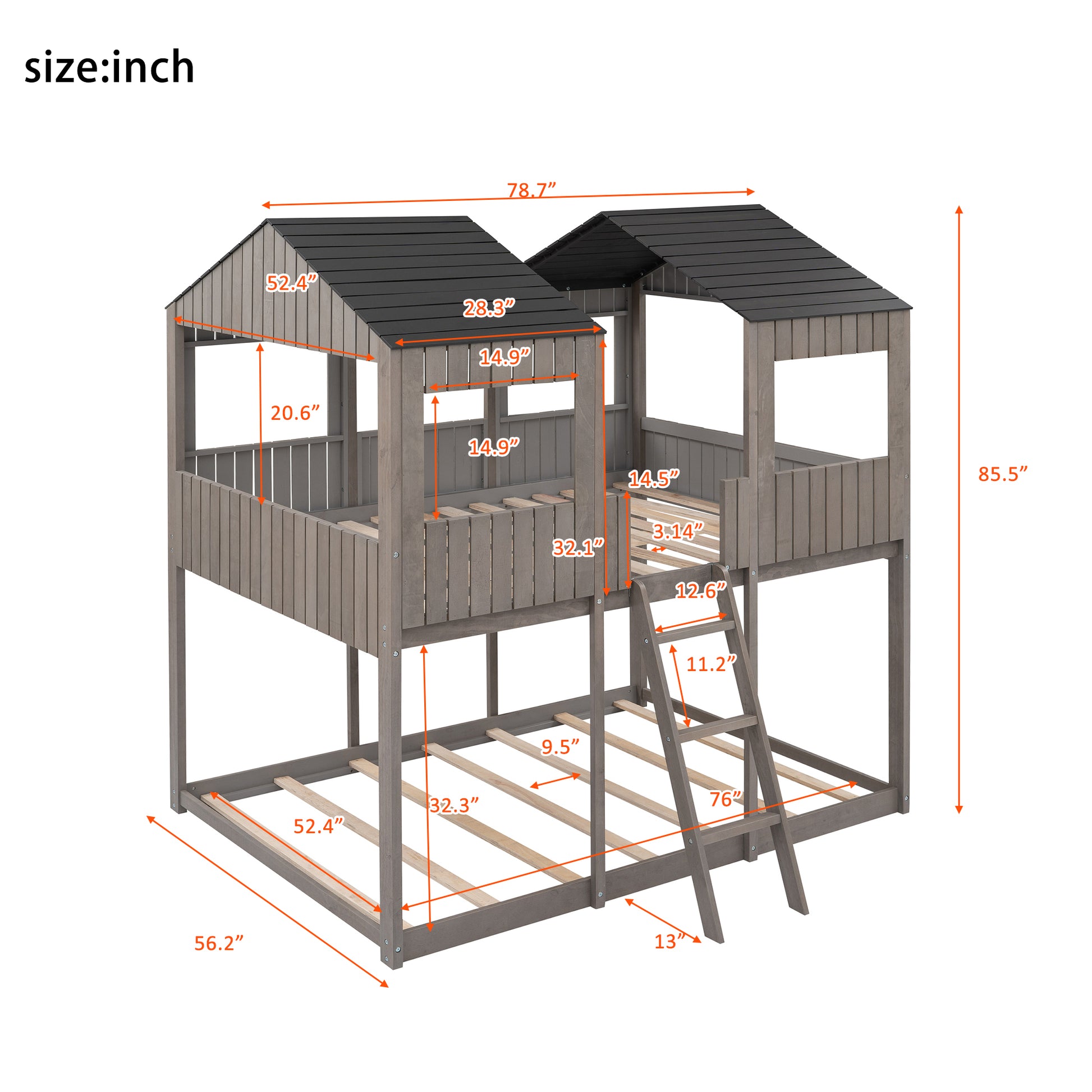 Full Over Full Woodbunk Bed With Roof, Window, Guardrail, Ladder Antique Gray Old Sku: Lt000031Aae Antique Gray Solid Wood