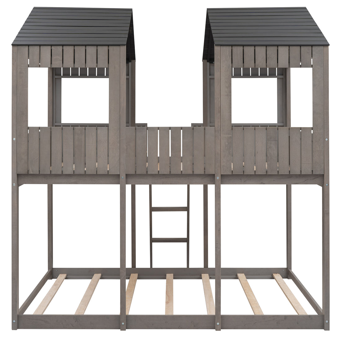 Full Over Full Woodbunk Bed With Roof, Window, Guardrail, Ladder Antique Gray Old Sku: Lt000031Aae Antique Gray Solid Wood