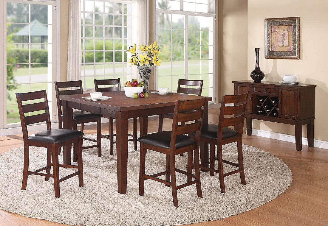 Contemporary Counter Height Dining Table W Leaf 6X High Chairs 7Pc Set Antique Walnut Wood Finish Dining Room Furniture Wood Dining Room Extendable Rubberwood Square Dining Table With Chair Wood Wood Walnut Ladder Back Seats 6 54 Inches Removable Leaf