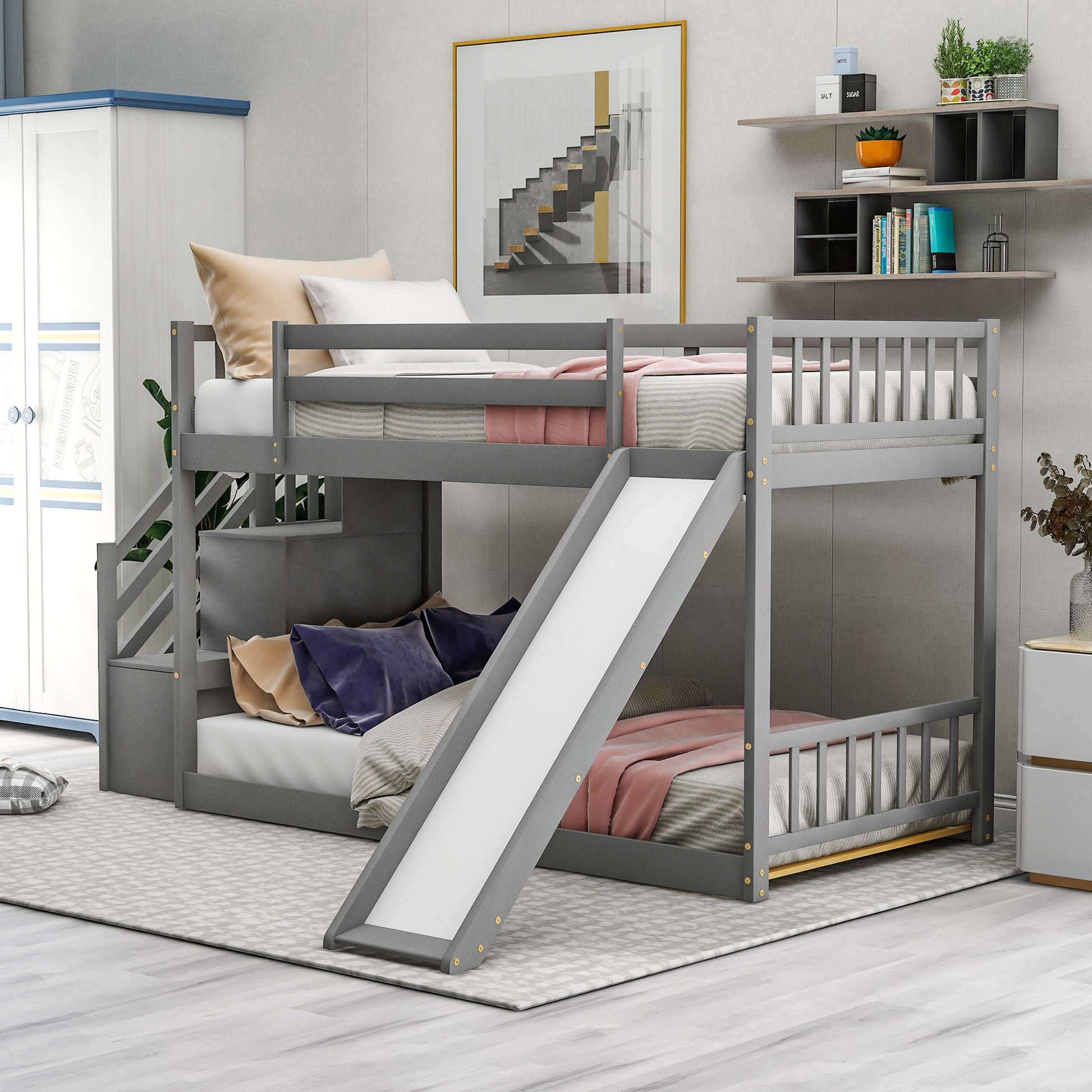 Twin Over Twin Bunk Bed With Convertible Slide And Stairway, Gray Gray Pine