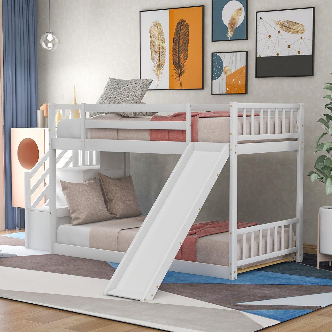 Twin Over Twin Bunk Bed With Convertible Slide And Stairway, White White Pine