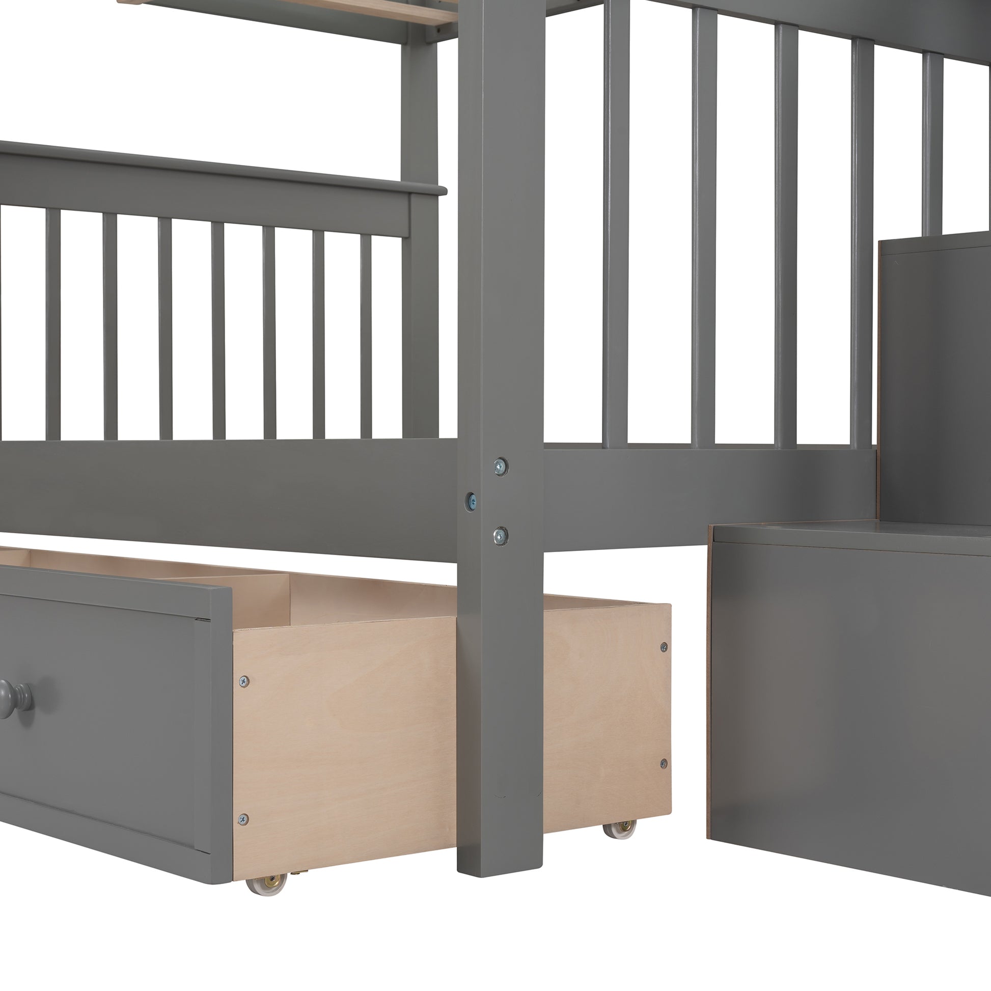 Stairway Full Over Full Bunk Bed With Drawer, Storage And Guard Rail For Bedroom, Gray Color Old Sku: Lp000310Aae Gray Solid Wood