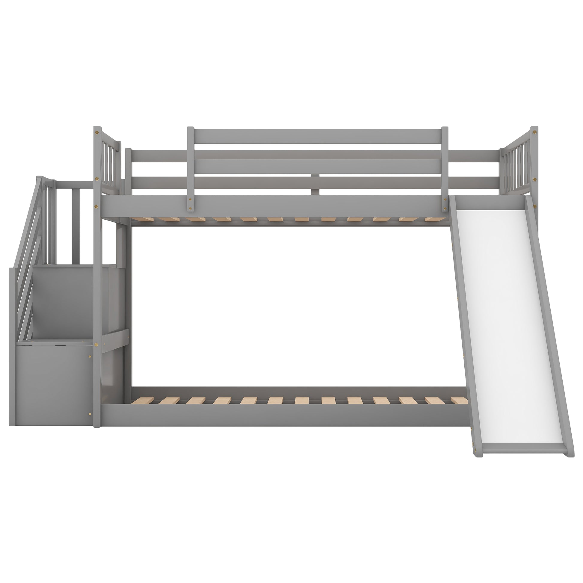 Twin Over Twin Bunk Bed With Convertible Slide And Stairway, Gray Gray Pine