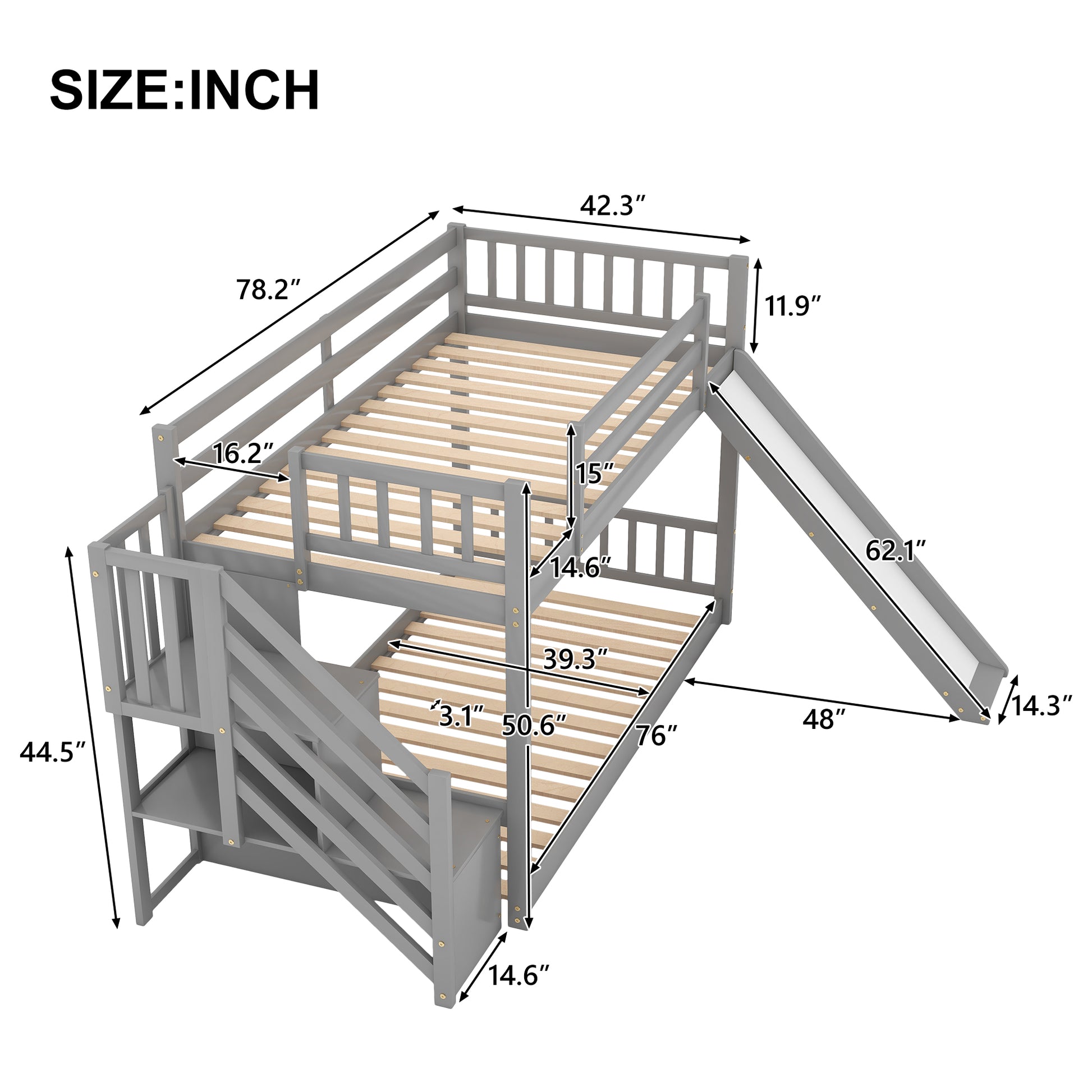 Twin Over Twin Bunk Bed With Convertible Slide And Stairway, Gray Gray Pine