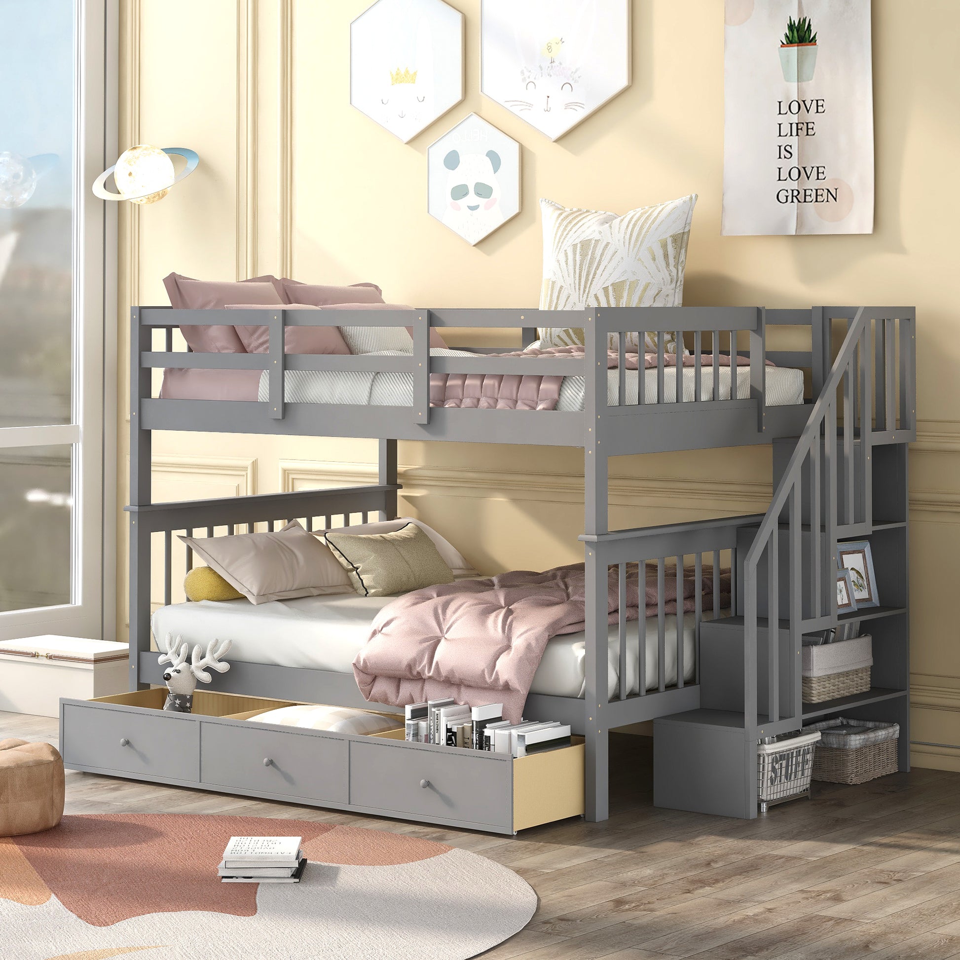 Stairway Full Over Full Bunk Bed With Drawer, Storage And Guard Rail For Bedroom, Gray Color Old Sku: Lp000310Aae Gray Solid Wood