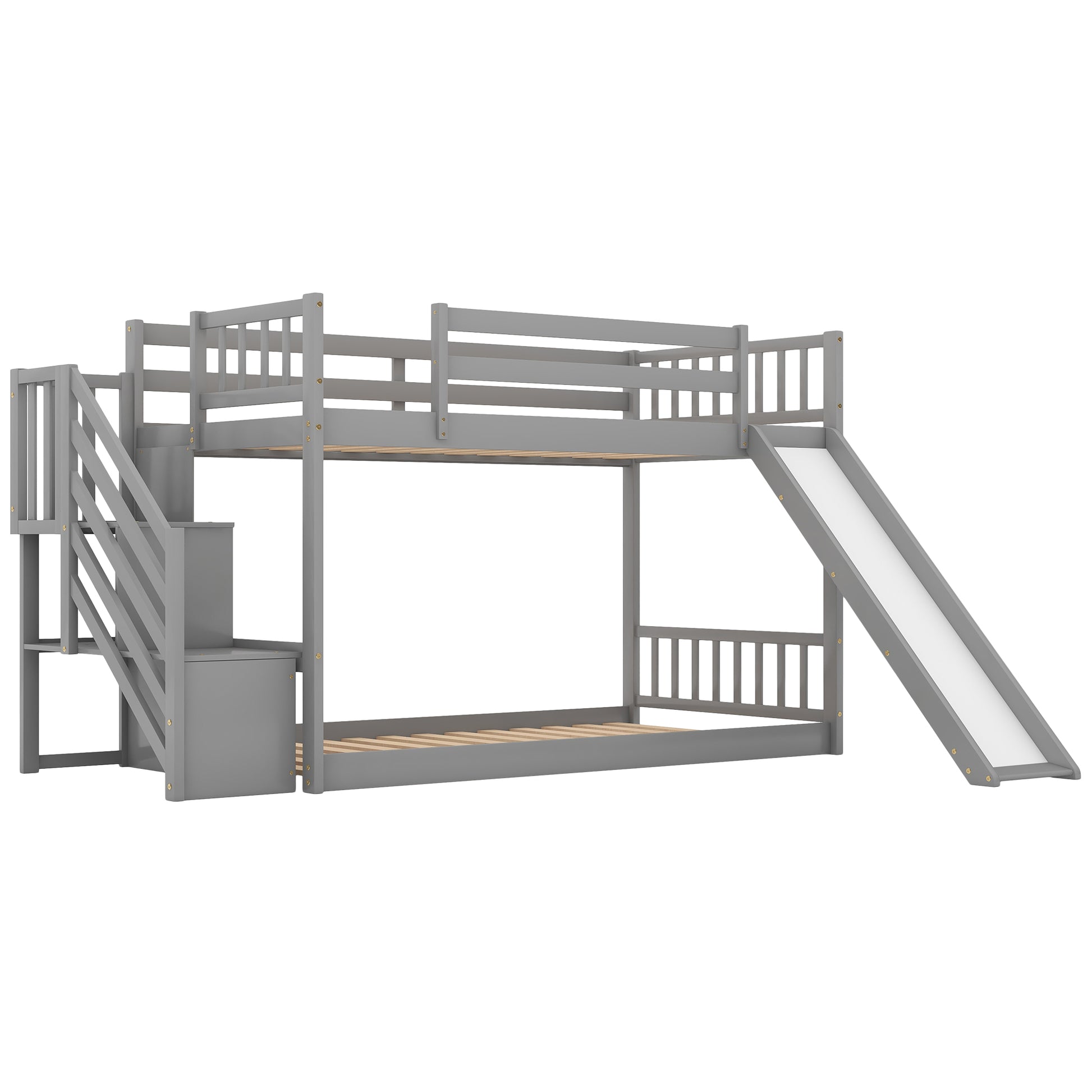 Twin Over Twin Bunk Bed With Convertible Slide And Stairway, Gray Gray Pine