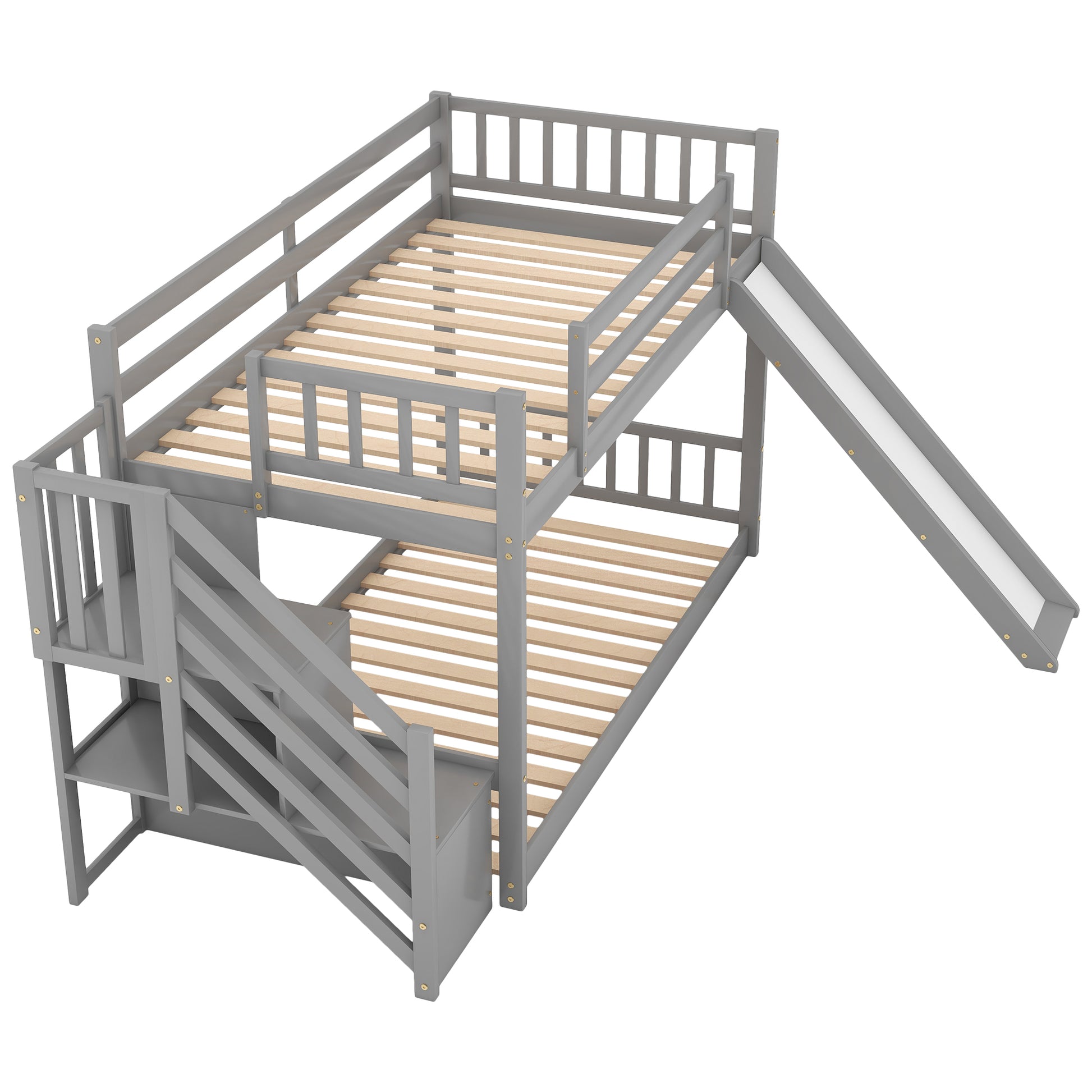 Twin Over Twin Bunk Bed With Convertible Slide And Stairway, Gray Gray Pine